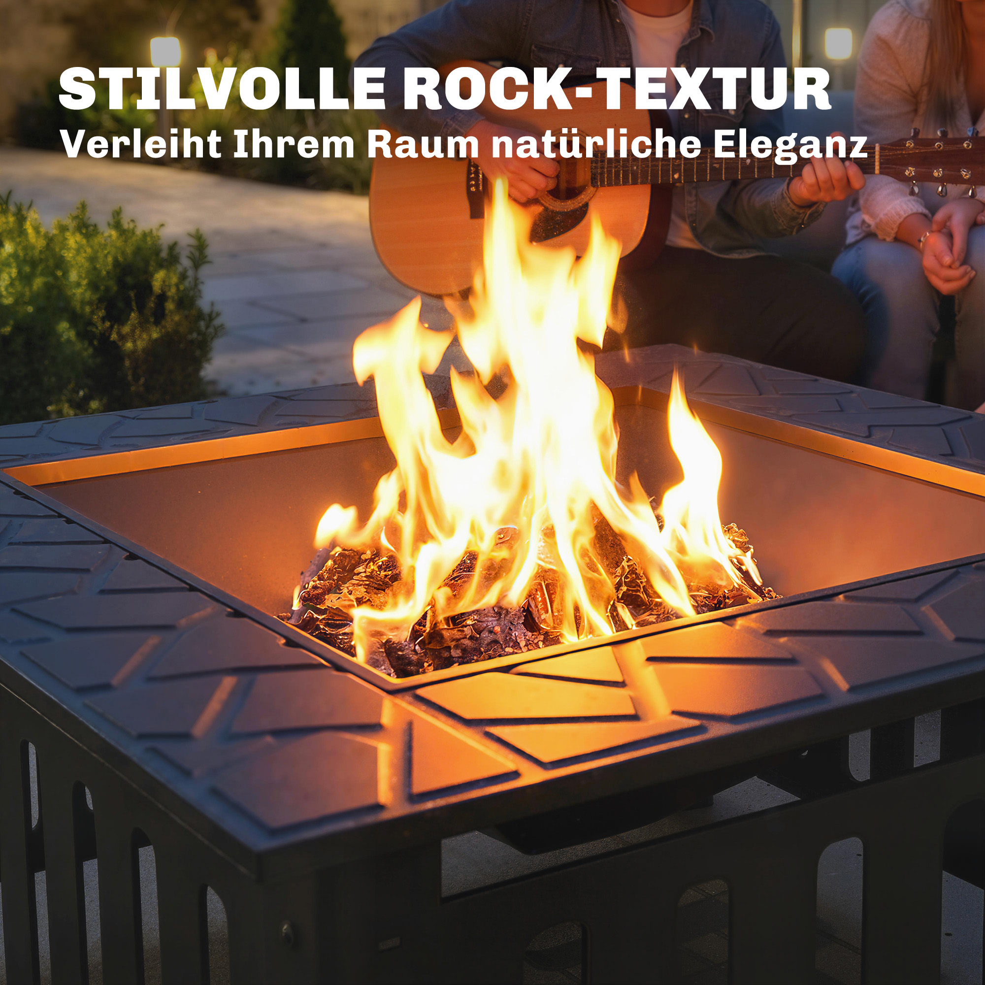 Feuerschale aus Stahl Feuerstelle mit Funkenschutz Schürhaken für Outdoor BBQ Camping 67x67x47cm Schwarz