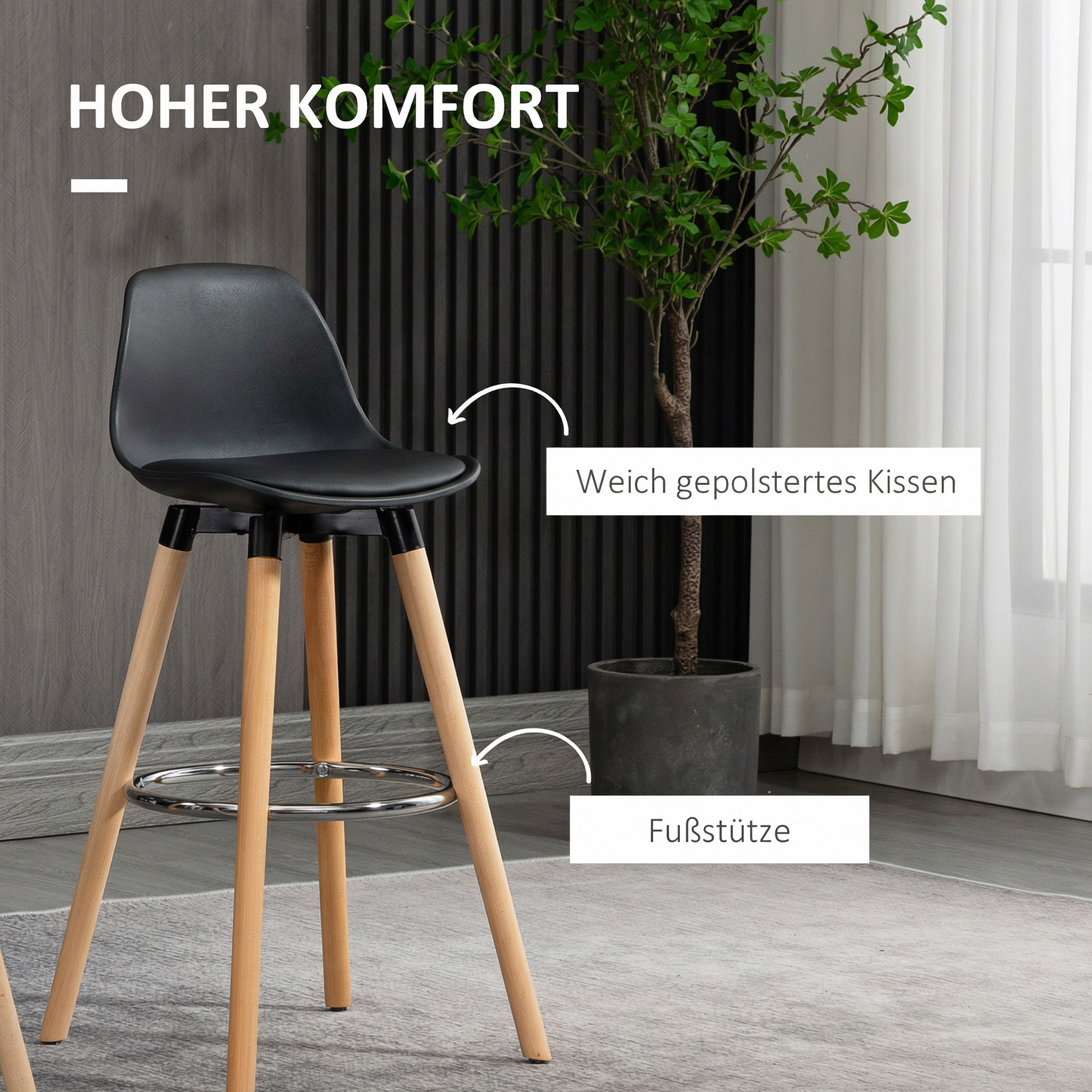 2er-Set Barhocker Barstühle Skandi-Design, Fußtstütze, 43 cm x 43 cm x 91 cm, Natur + Schwarz