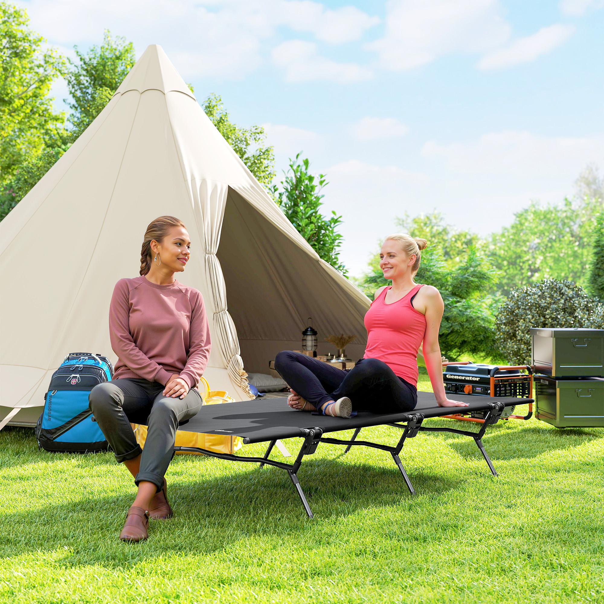 Feldbett faltbar Campingbett mit Tragetasche 200 x 100 x 36 cm bis 120 kg Extra Breit Schwarz