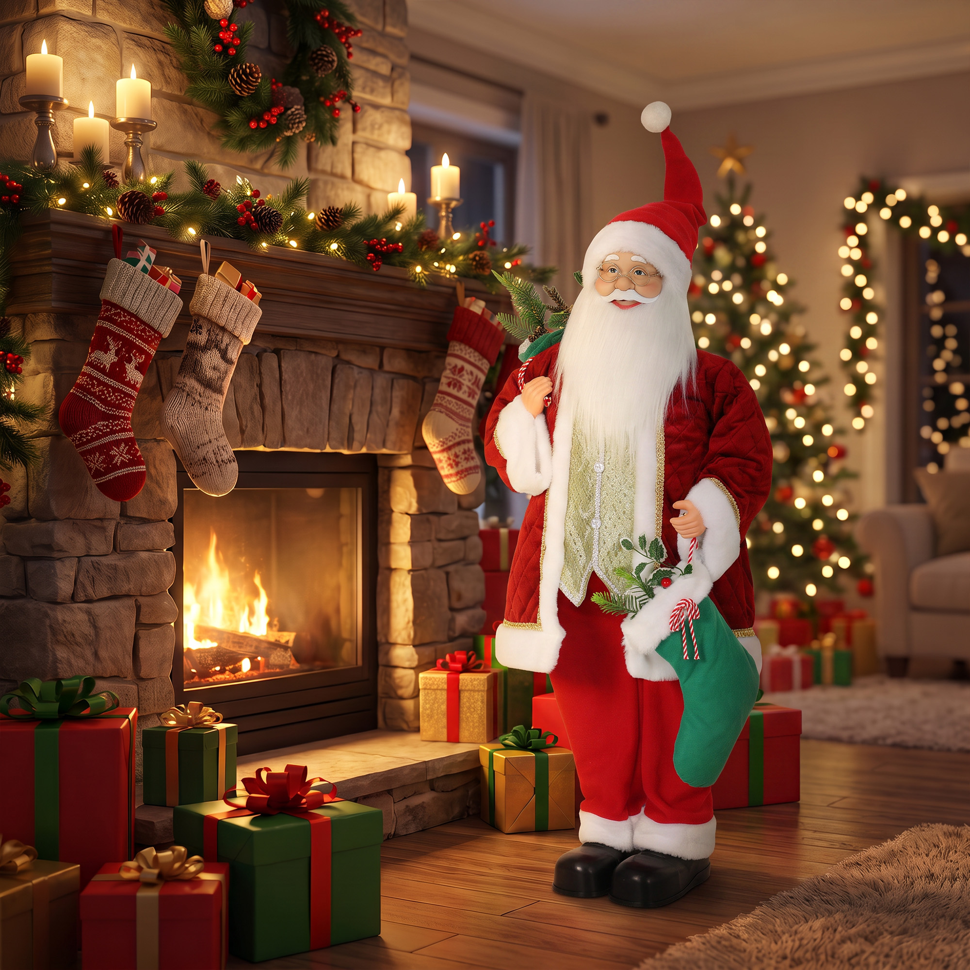 120 cm singender & tanzender Weihnachtsmann, stehende animierte Weihnachtsfigur mit Strumpf, Sack, per Sound/Berührung aktiviert