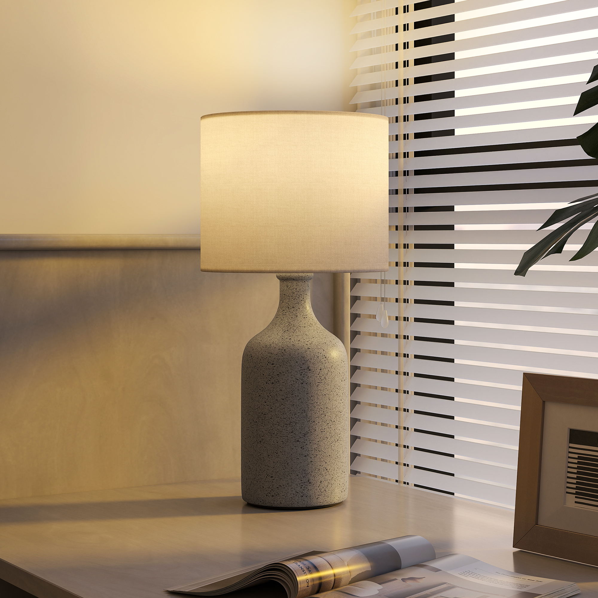 Tischlampe Tischleuchte, Nachttischlampe Schreibtischlampe mit Keramiksockel, Leinenschirm, 22x22x45 cm Sandbraun+Weiß