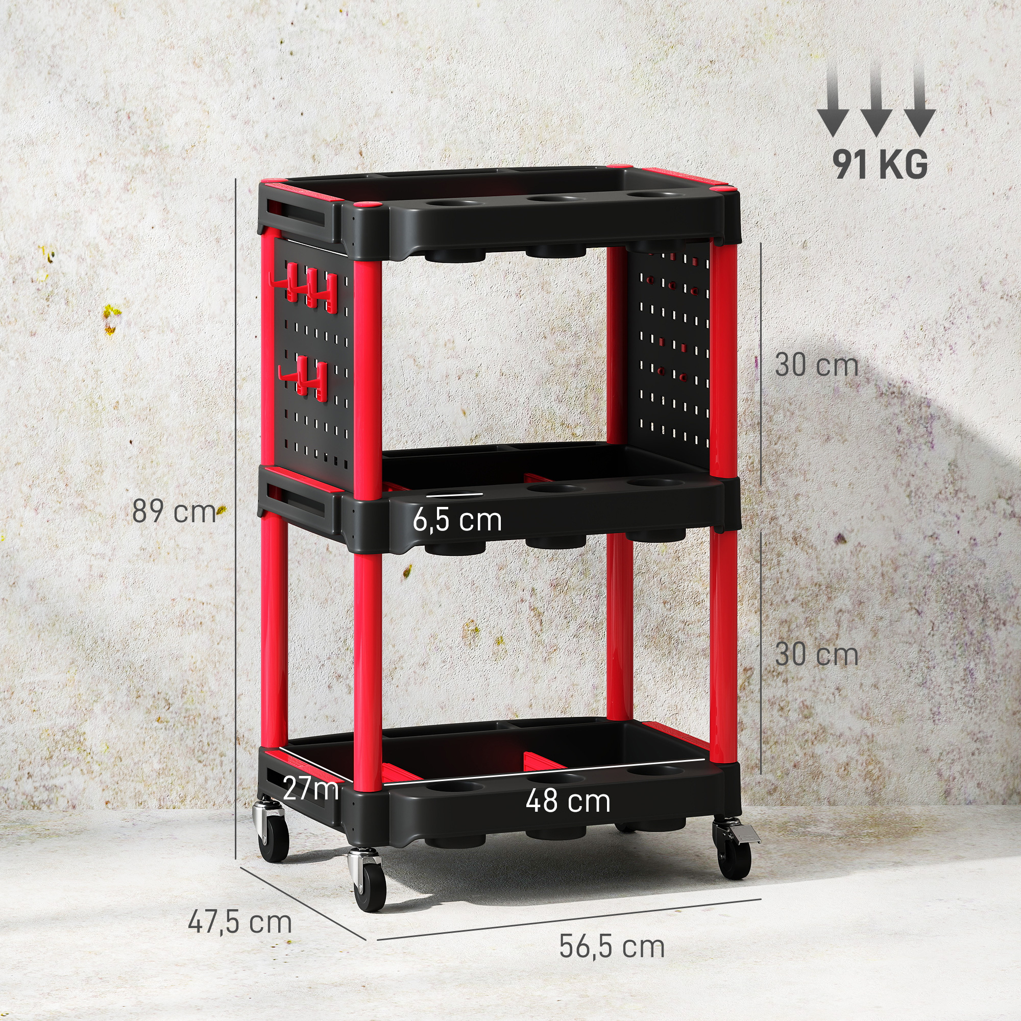 Werkzeugwagen, dreistufige Regale, 4 Räder, Kunststoff, 10 Haken, Rot