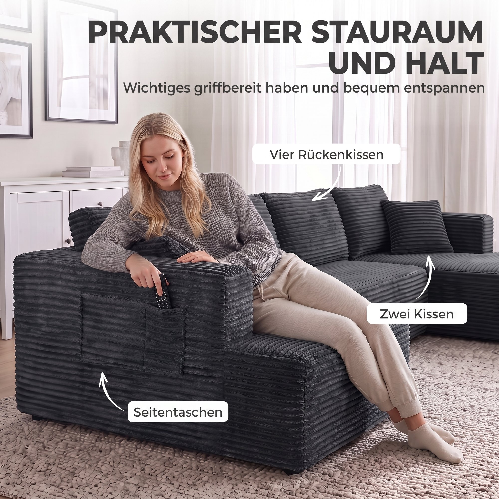 Modulares U-Sofa mit 2 Chaiselongues, Cord-Schlafsofa mit hochdichtem Schaumstoff und Federpolsterung, Dunkelgrau