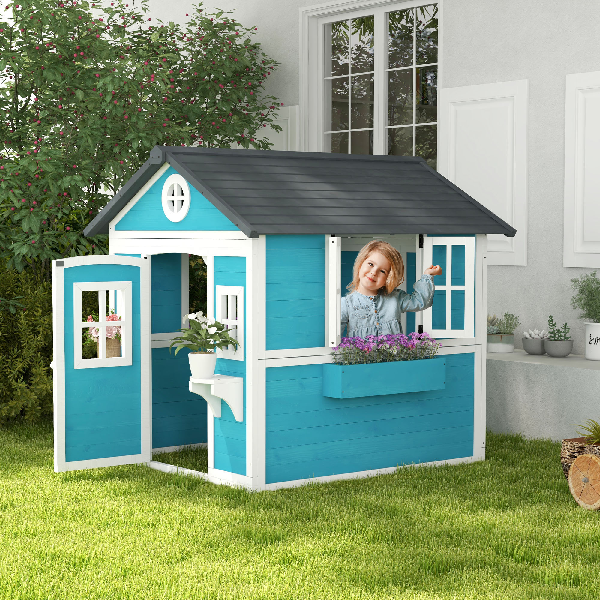Kinderspielhaus, Holz-Spielhaus für Kinder, Outdoor-Gartenspielhaus mit Fenstern, Blumentöpfe, 3-8 Jahre, Blau