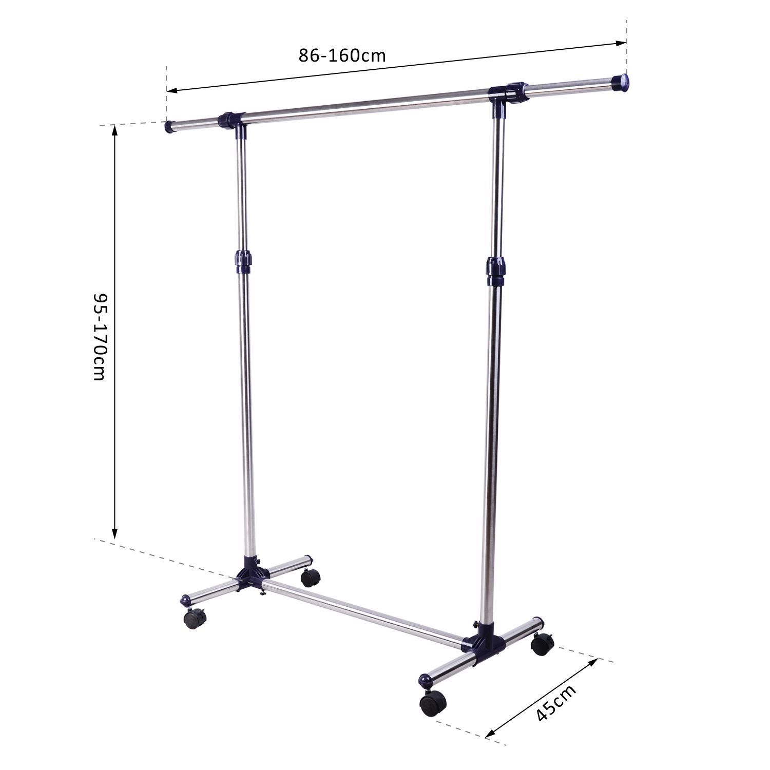 Garderobenständer Kleiderständer mit Rollen Höhenverstellbare und Ausziehbare Kleiderstange Wäscheständer Freistehender Garderobe für Eingangsbereich Edelstahl 86 x 45 x 95 cm