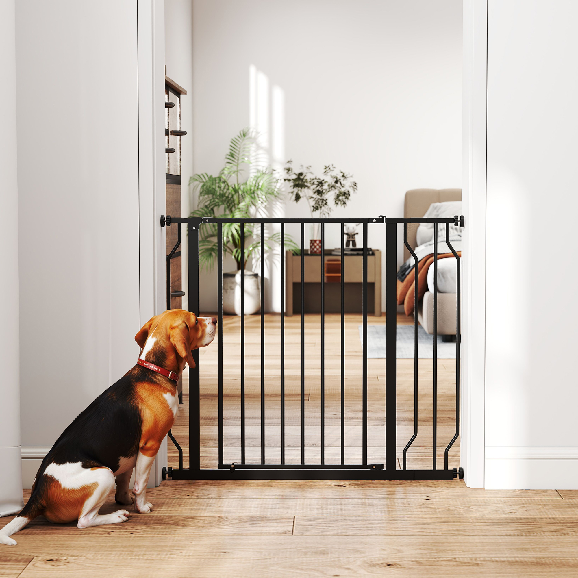 Hunde-Absperrgitter, Klemmmontage, verstellbare Länge, Stahl/ABS, 75-95 x 76cm, Schwarz