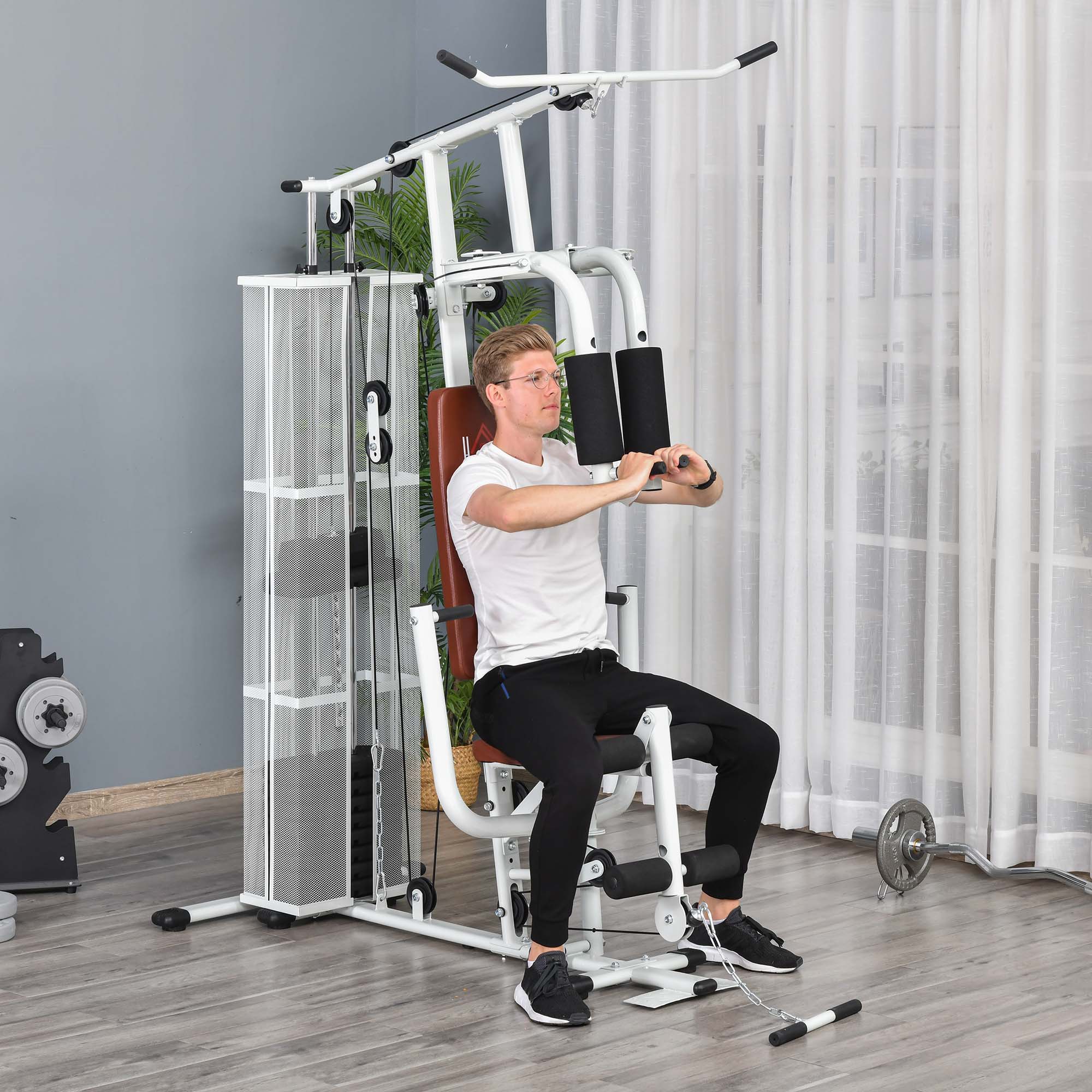 Gym Kraftstation Fitnessstation Multigym Fitnesscenter Fitnessgerät inkl. Gewichten Latzug Beincurl  Metall PU-Kunstleder Weiß 150 x 110 x 210 cm