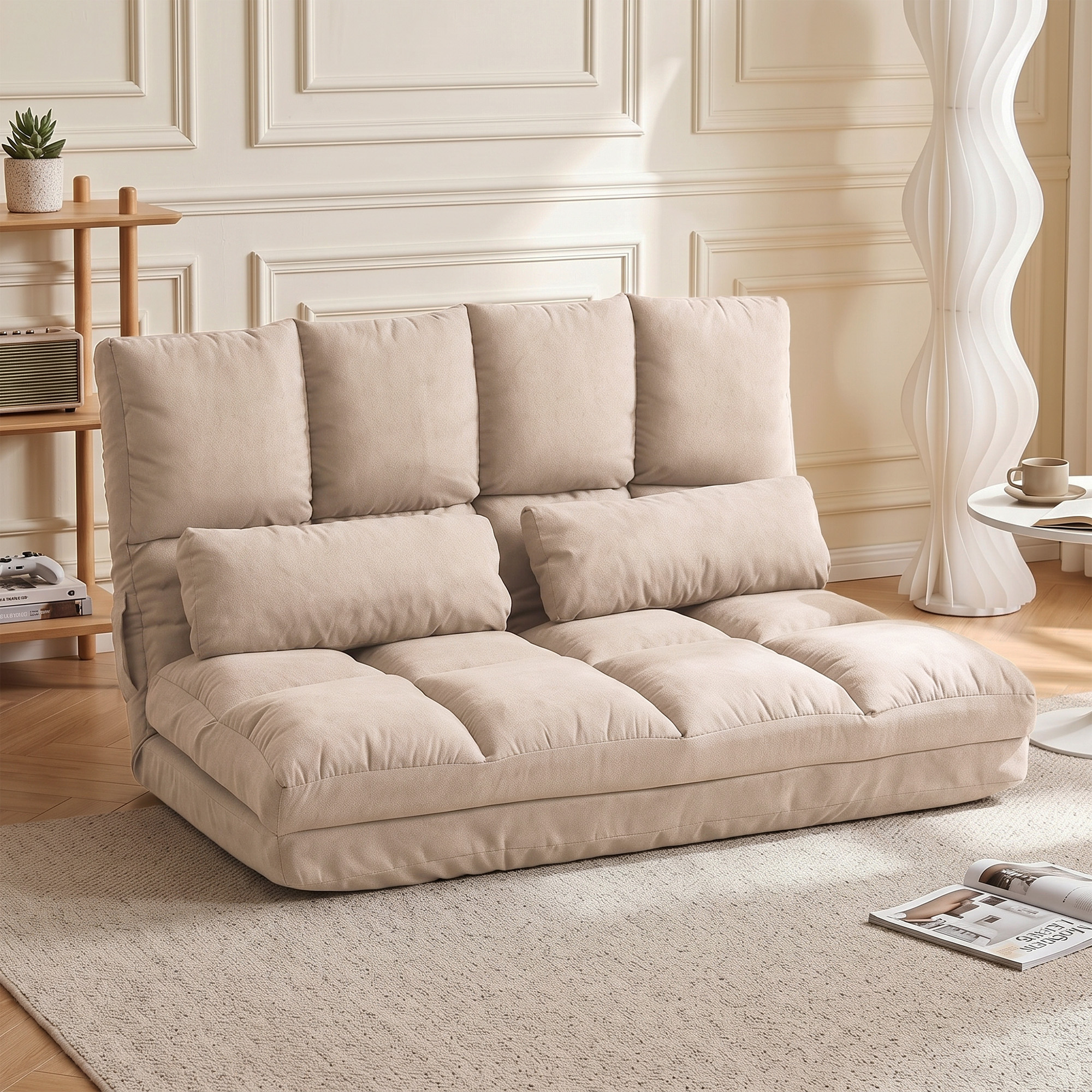 2-in-1 Bodensessel, Rückenlehne, Verstellbar, 102 x 73 x 60 cm, Beige