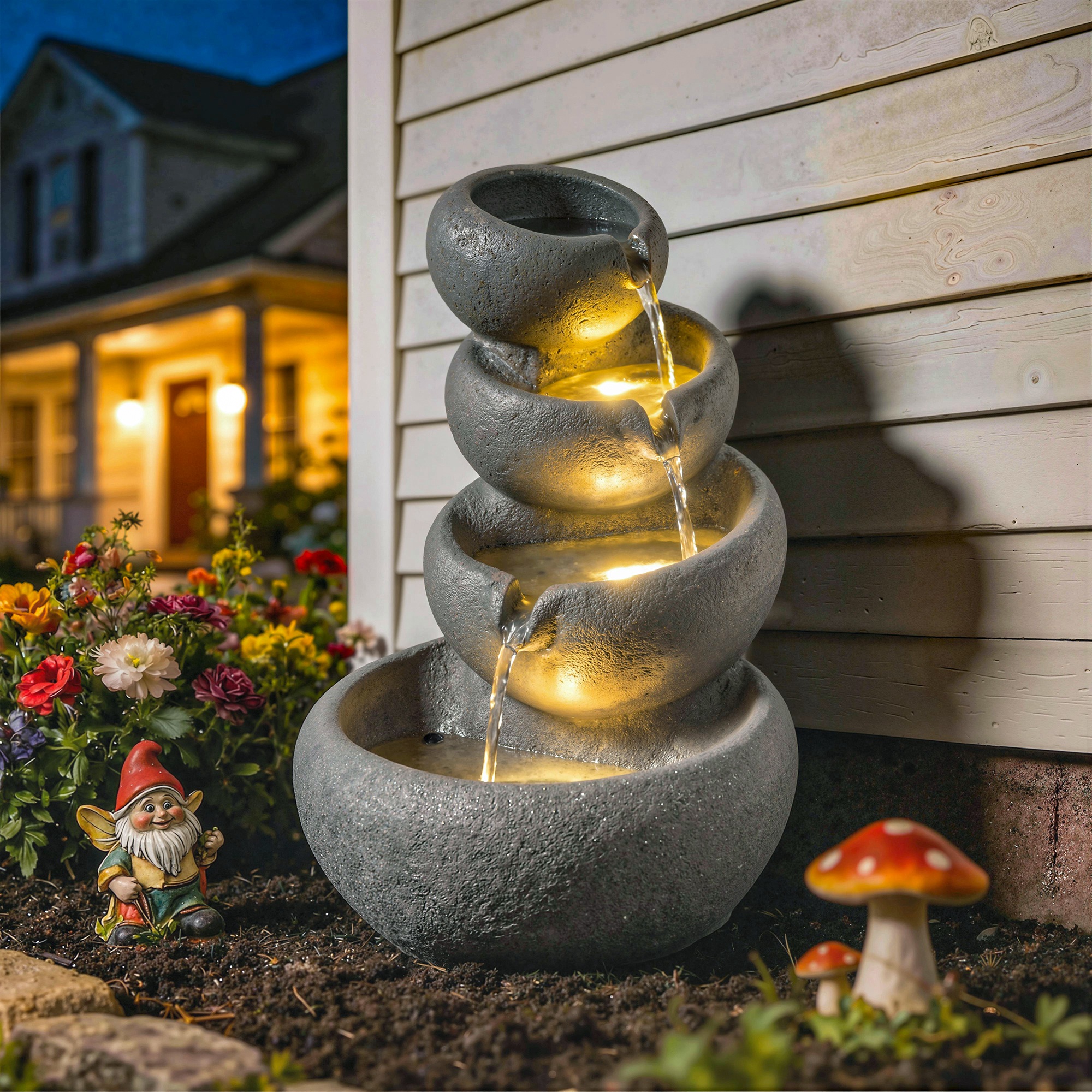 Springbrunnen Outdoor aus Kunstharz 4-stufig Gartenbrunnen mit LED Beleuchtung Pumpe Steinoptik 35 x 32 x 50 cm