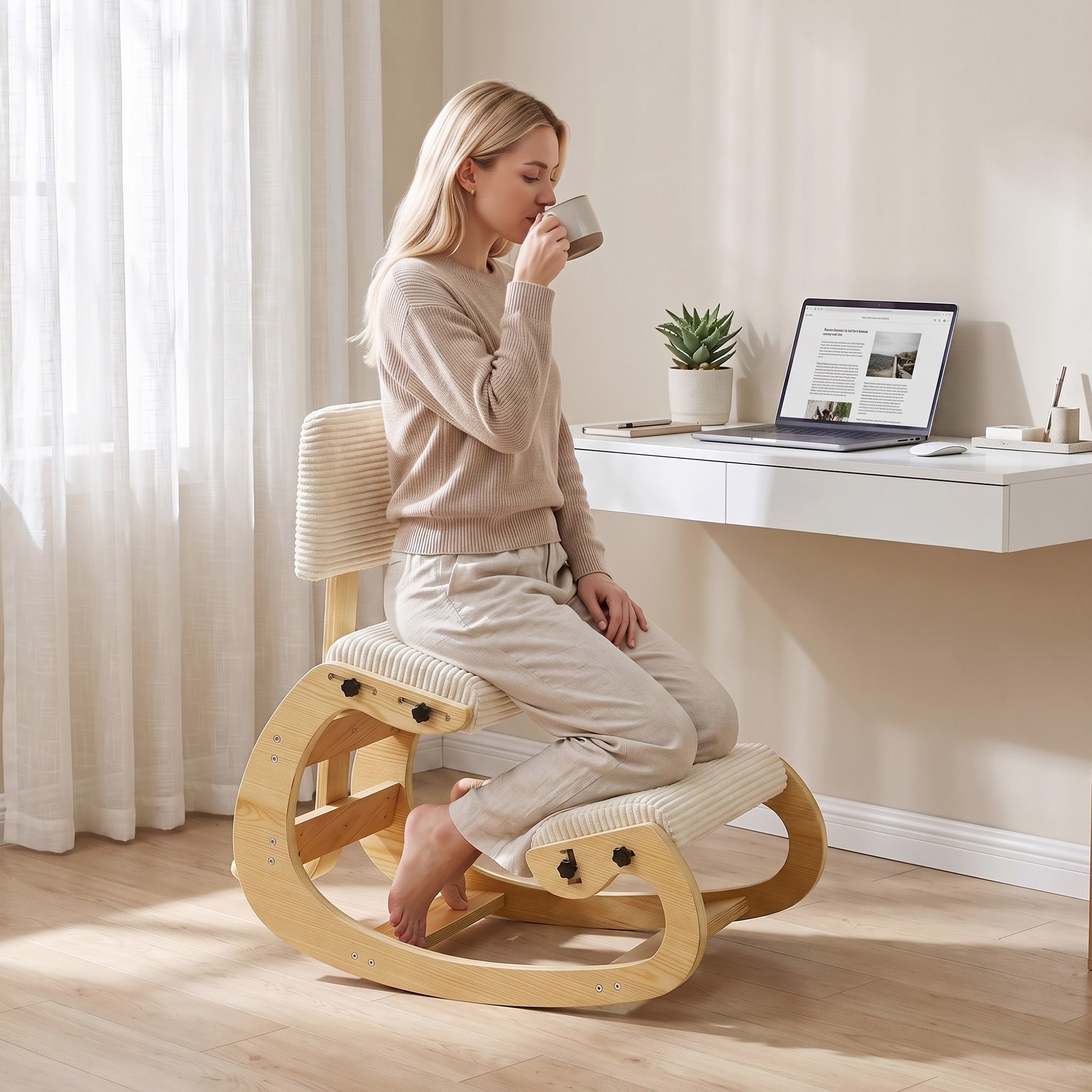 Ergonomischer Kniestuhl, Kniehocker mit Rückenlehne, Cord-Optik, Bürostuhl für Zuhause, Büro, Meditation, Cremeweiß