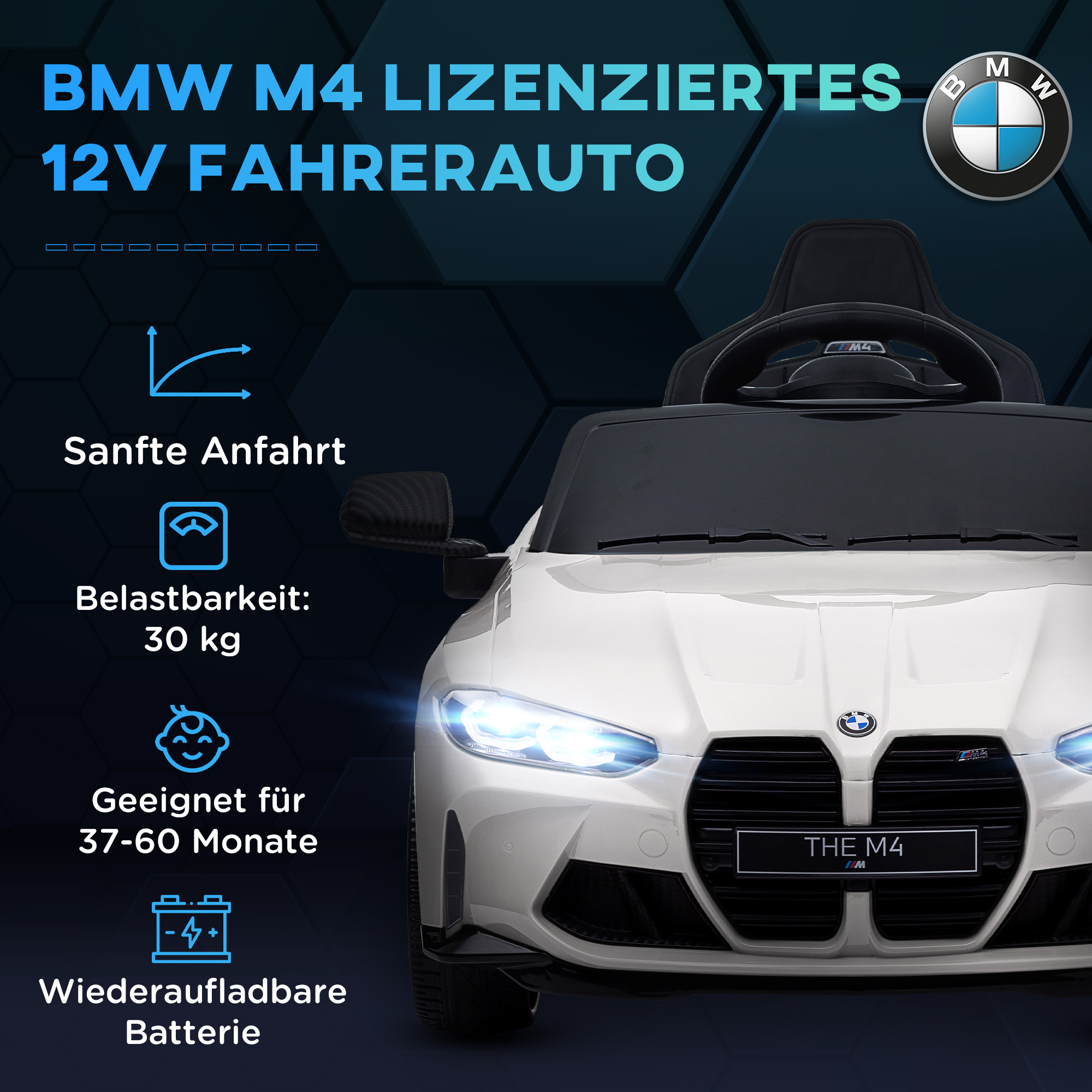 Elektro Kinderauto BMW M4, Sound & Licht, 3-5 km/h, inkl. Fernsteuerung, für 3-5 Jahre, Weiß
