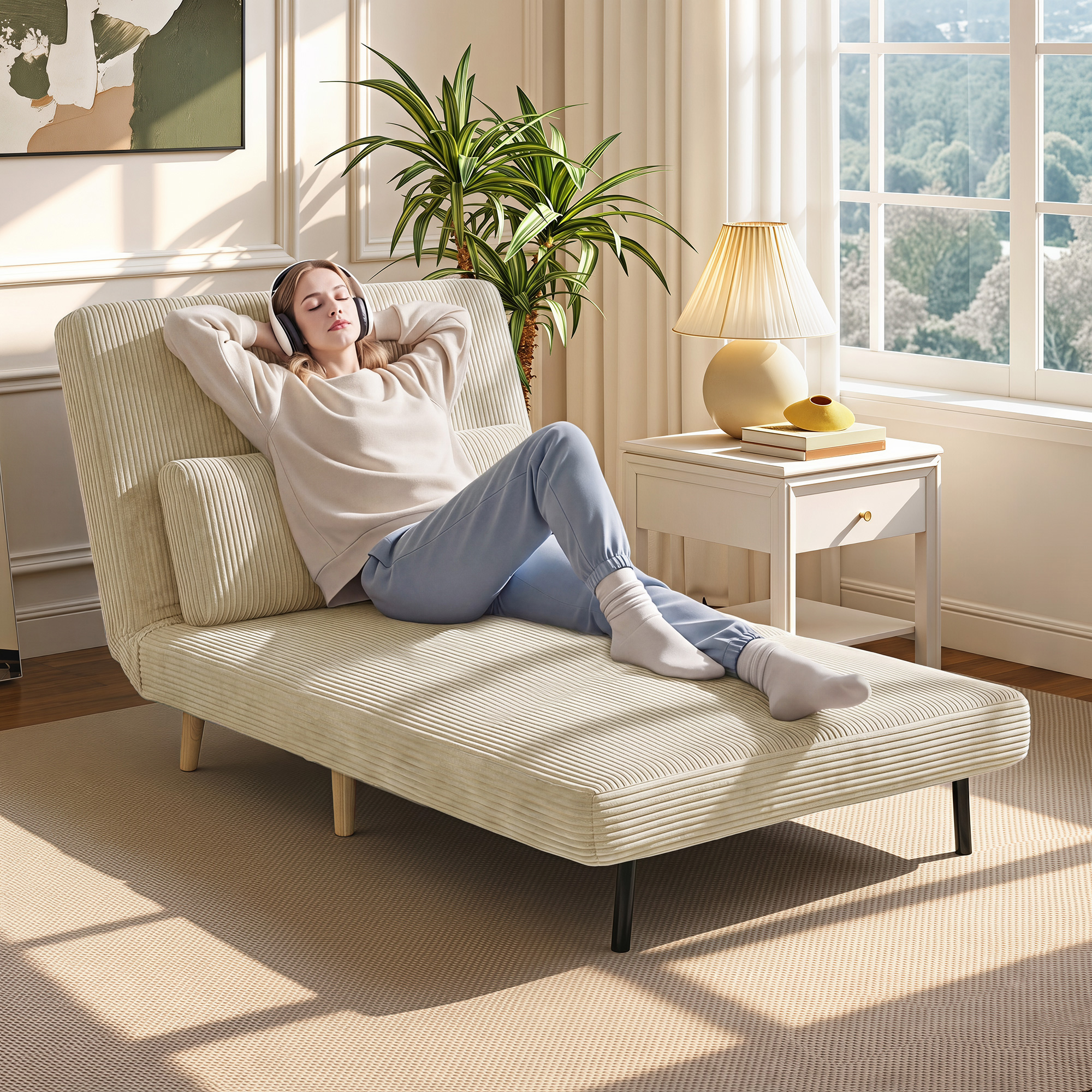 Schlafsessel 3-in-1, ausklappbarer Sessel aus Cord mit Schlaffunktion verstellbare Rückenlehne, Kissen, Beige