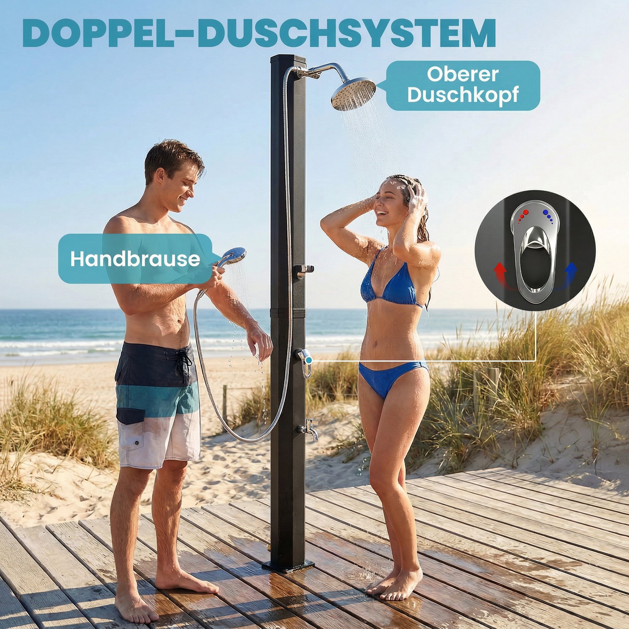 Solardusche 35L Gartendusche mit Frostschutz schwenkbarem Regenduschkopf Wasserhahn, Gartenschlauch-Anschluss