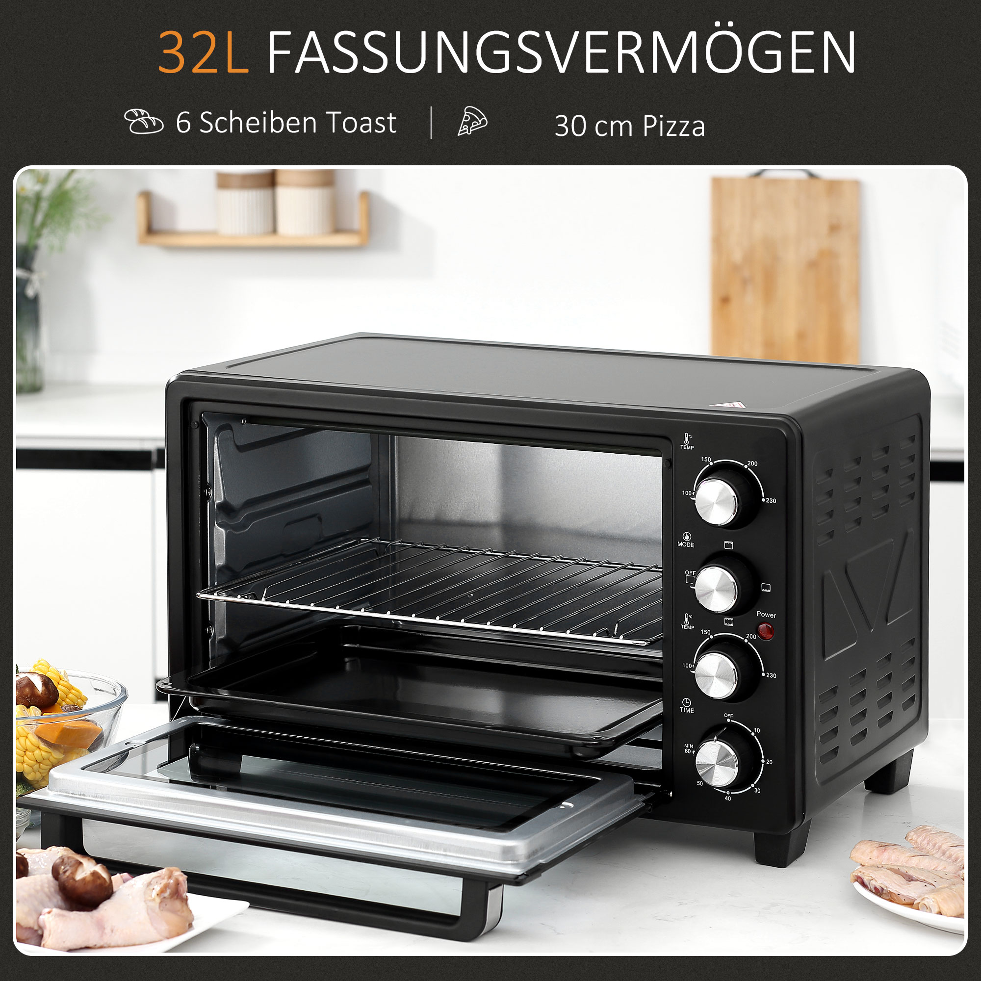 Mini-Ofen Toasterofen, 1 Backblech, 1 Grilrost, Timer-Funktion, Schwarz