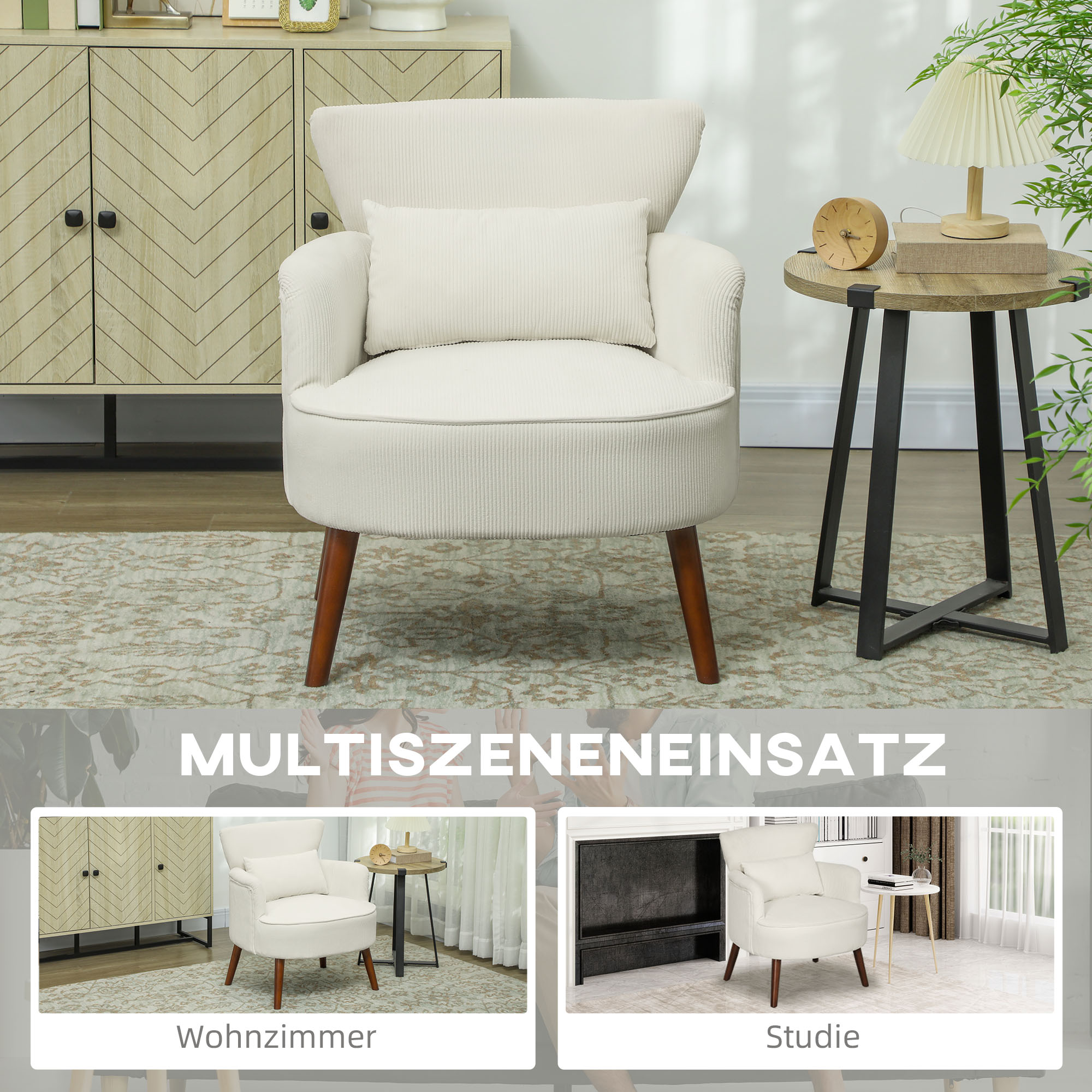 Moderner Armlehnstuhl, Gepolsterter Akzentstuhl mit Lendenkissen, Kautschukholzbeinen, Cremeweiß