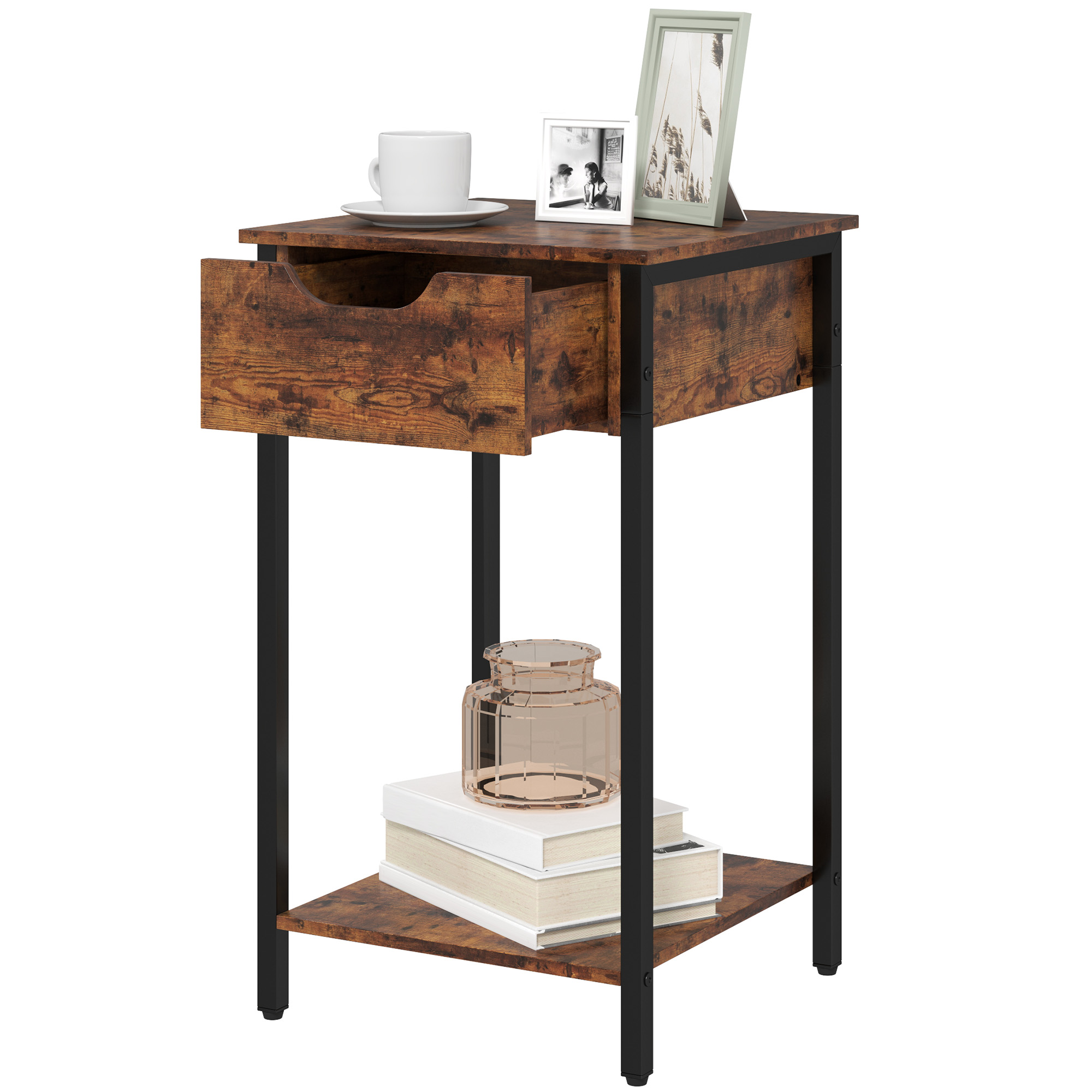 Beistelltisch im Industriestil, Schublade, Ablagefach, Metallrahmen, Holz, 40 x 40 x 68 cm, Braun Beistelltisch im Industriestil, Schublade, Ablagefach, Metallrahmen, Holz, 40 x 40 x 68 cm, Braun