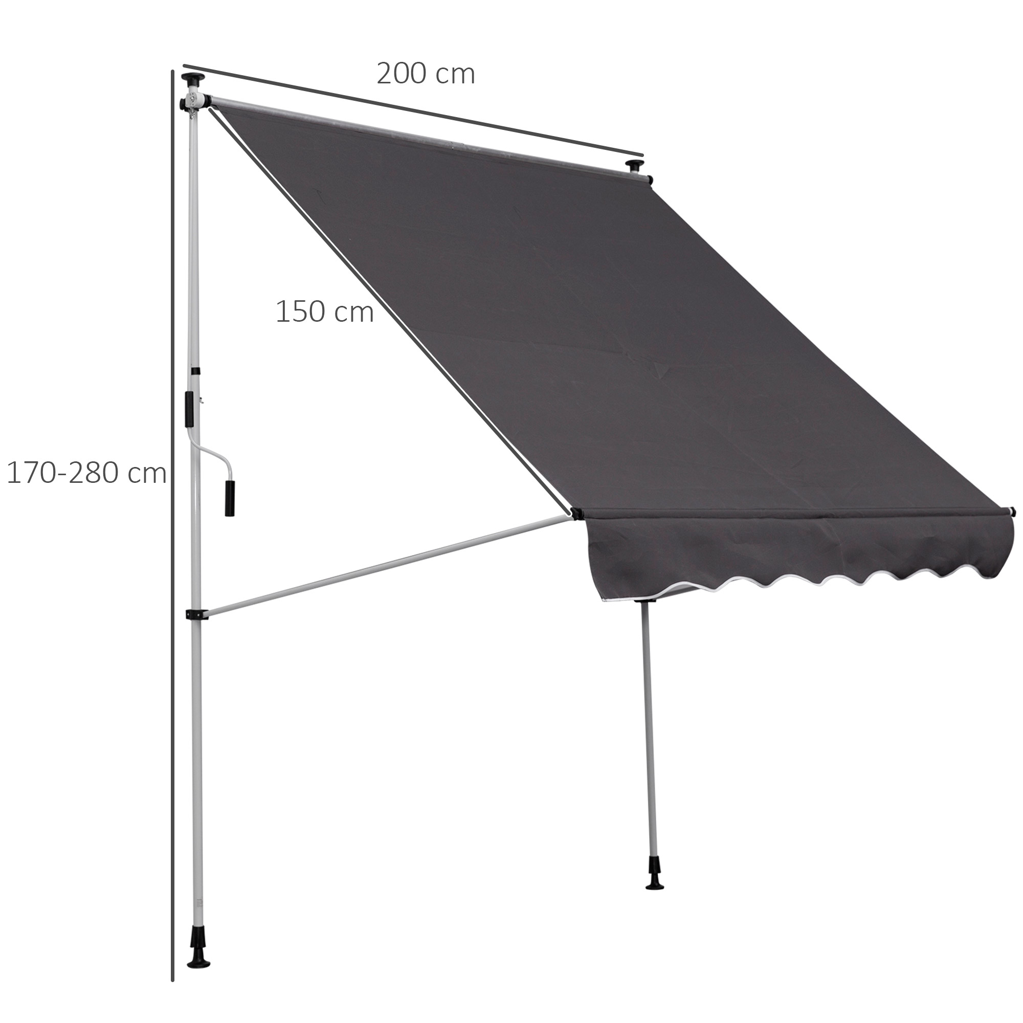 Klemmmarkise mit Handkurbel höhenverstellbar Gelenkarmmarkise schmutzabweisend, witterungsbeständig Balkonmarkise 150cm breit Terrassenmarkise für Terrasse Balkon Veranda Grau