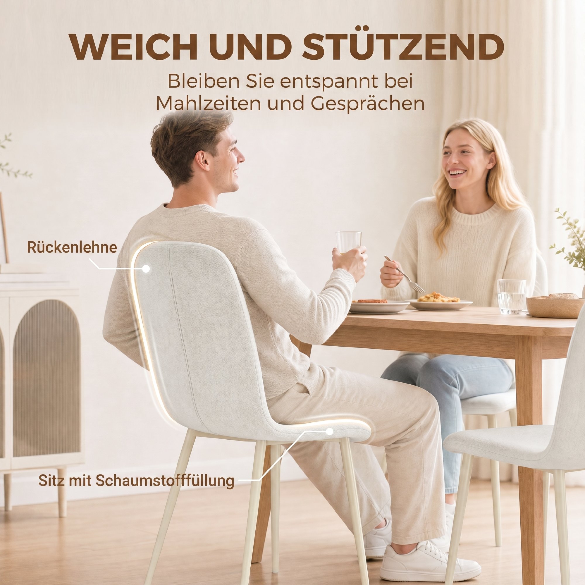 Esszimmerstühle 2er-Set, gepolsterte Küchenstühle in Leinenoptik mit leichten Beinen, Creme