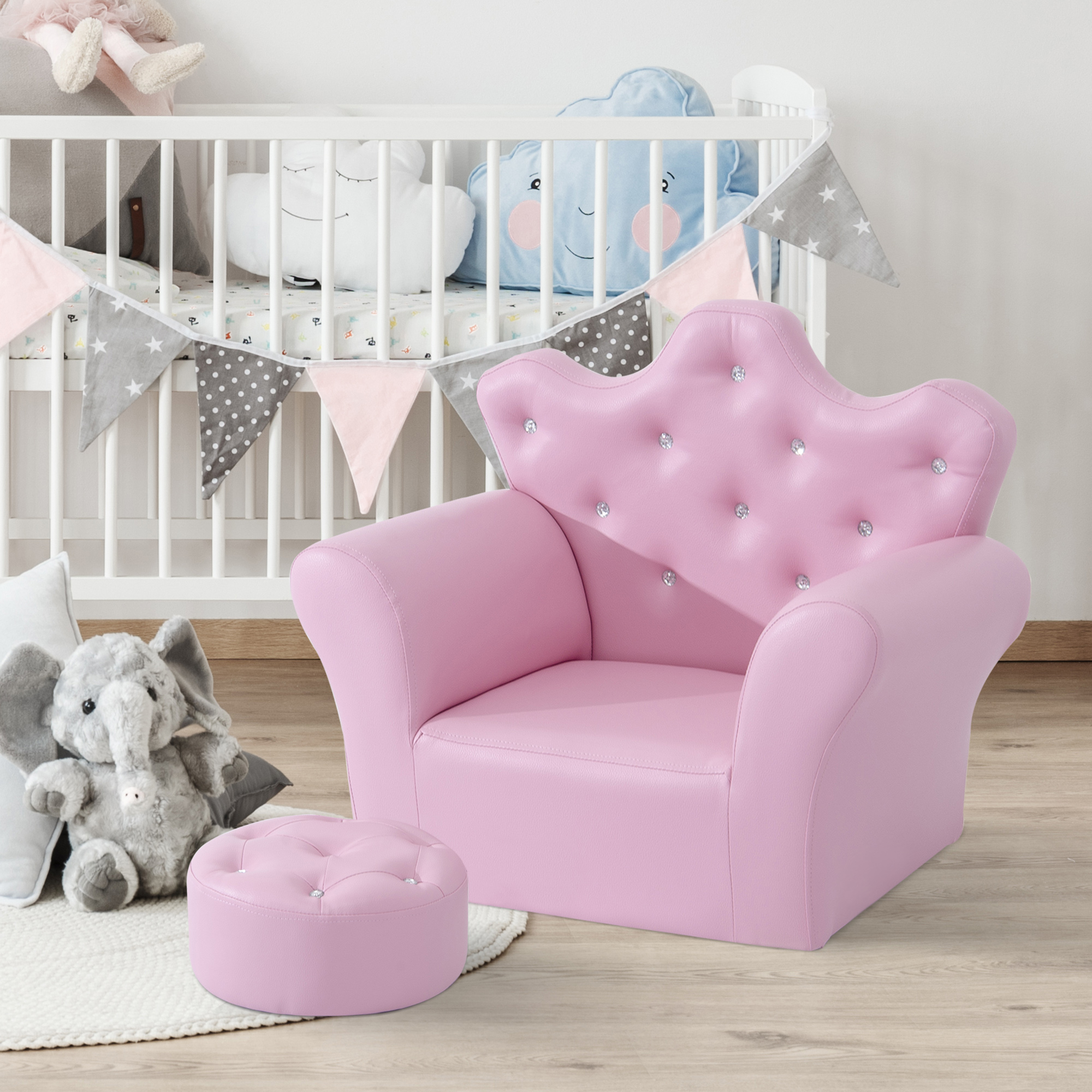 Kindersofa mit Ottomane, Kindercouch Prinzessinnen Kindercouch Mini Couch für Kuschelecke, Kinderzimmer, Spielzimmer, Schlafzimmer, Rosa