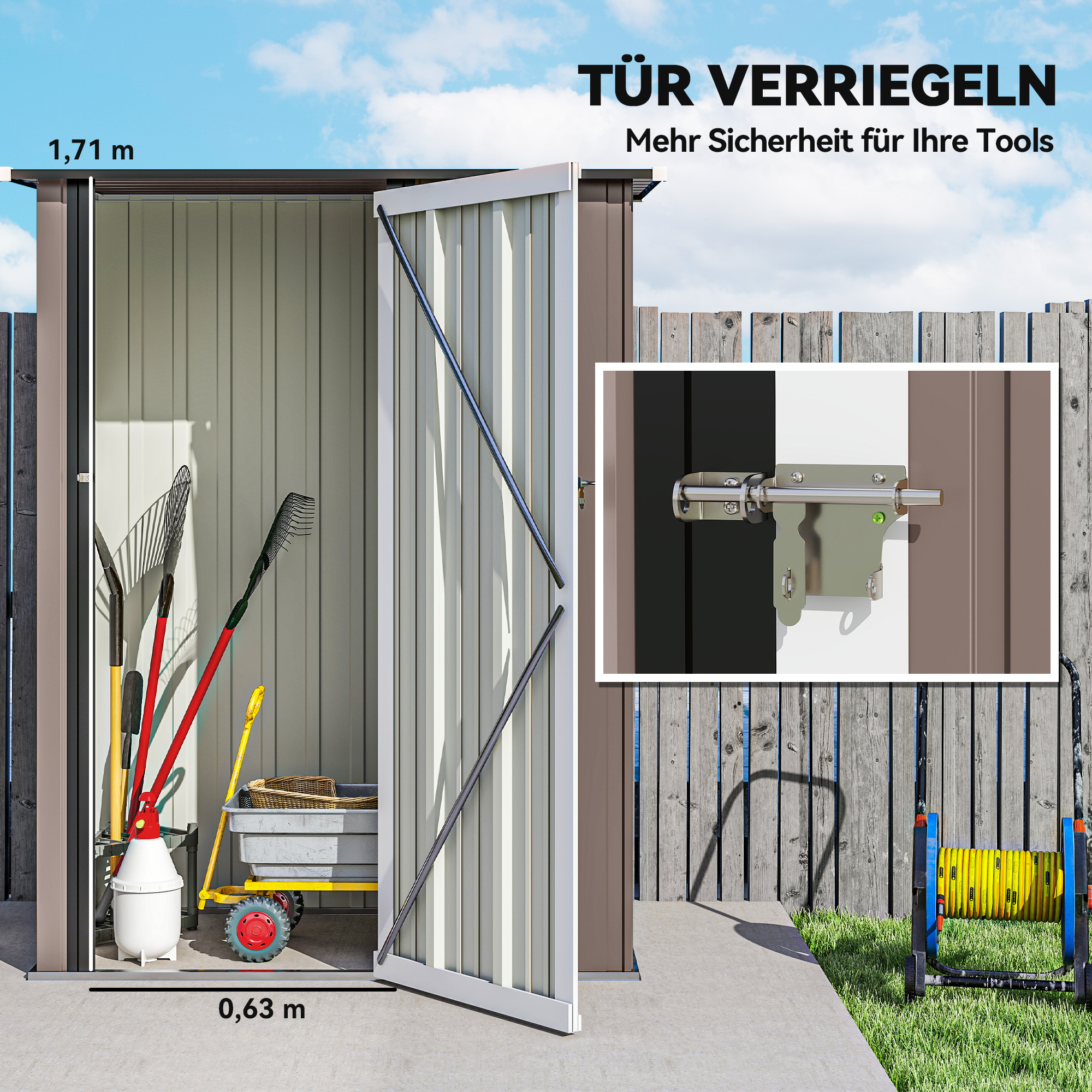 Gerätehaus 1,07 m² mit Schrägdach, 142 x 86 x 189 cm Geräteschuppen mit abschließbar Tür, Gartenhaus, Stahl, Braun