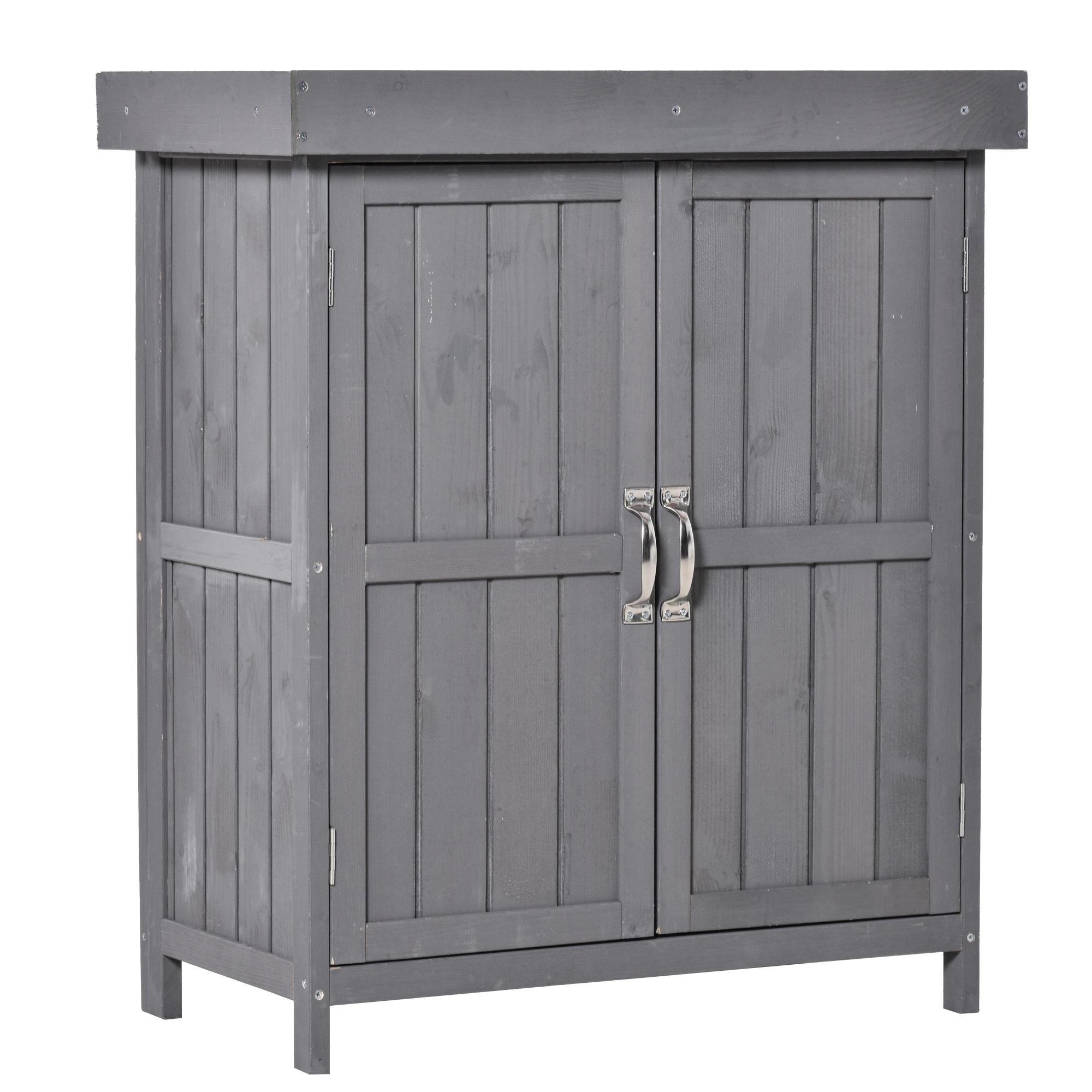 Geräteschrank, Doppeltür, Klappdeckel, 2 Regalfächer, wetterfest, Naturholz, grau, 74 x 43 x 88cm Geräteschrank, Doppeltür, Klappdeckel, 2 Regalfächer, wetterfest, Naturholz, grau, 74 x 43 x 88cm