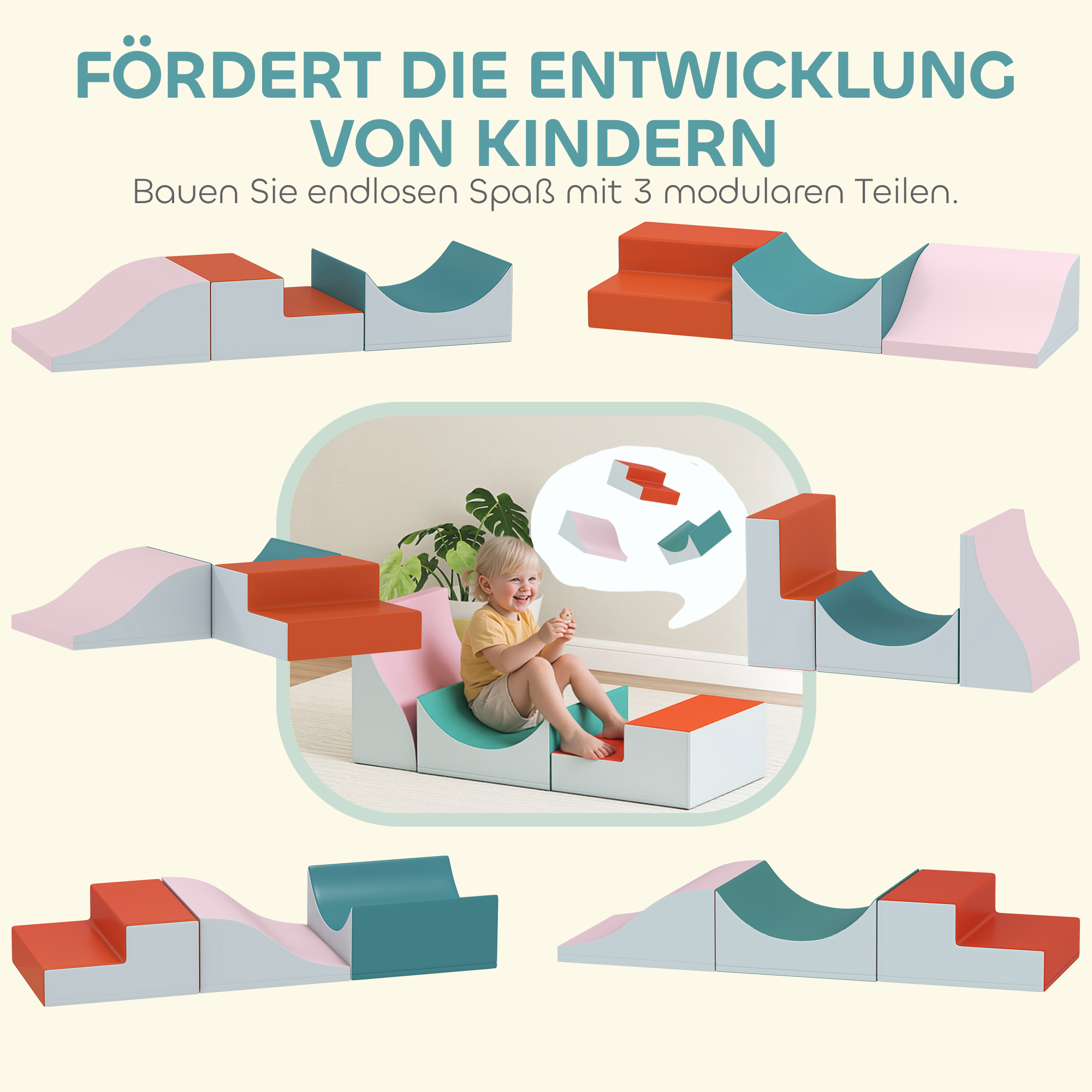 3-teiliges Kletter- und Krabbelset für Kleinkinder, Kunstleder, Schaumstoff, Hellgrau