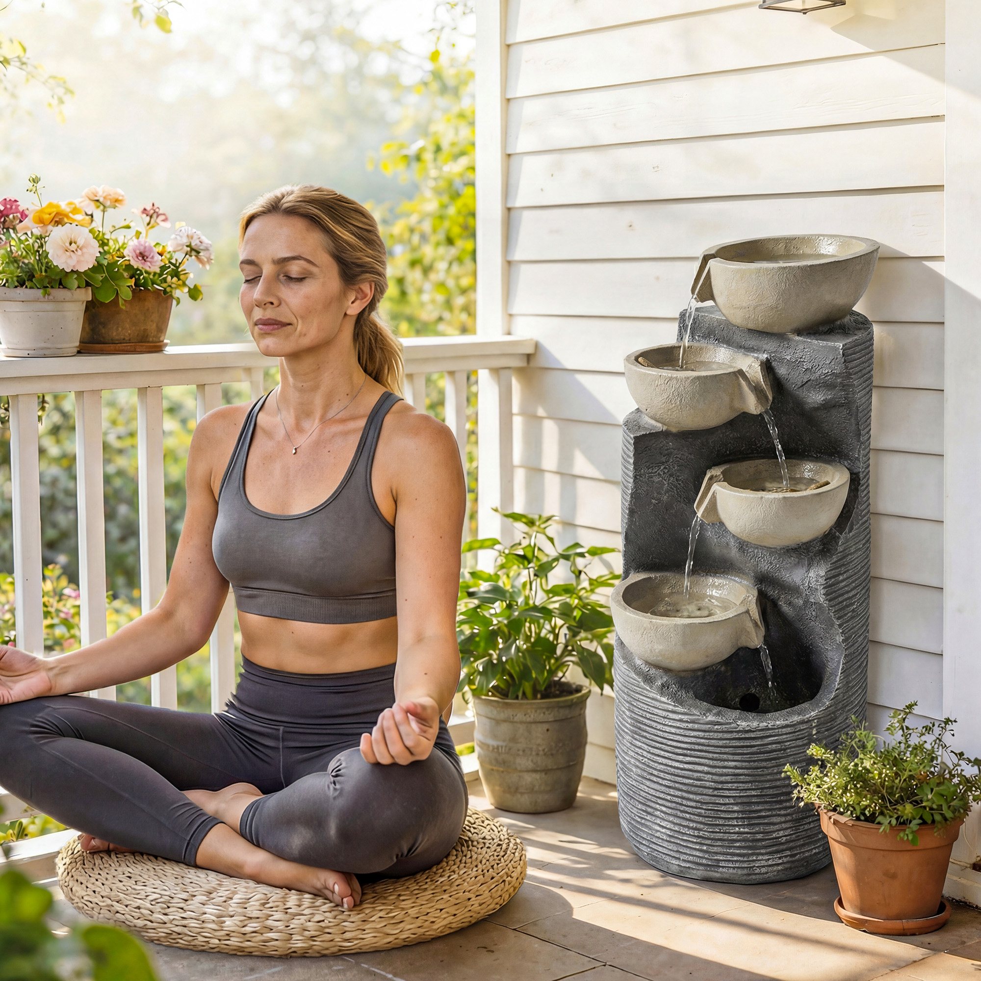 Springbrunnen 5-stufig Gartenbrunnen mit LED Beleuchtung Pumpe Steinoptik, Verstellbar 33 x 31 x 80 cm