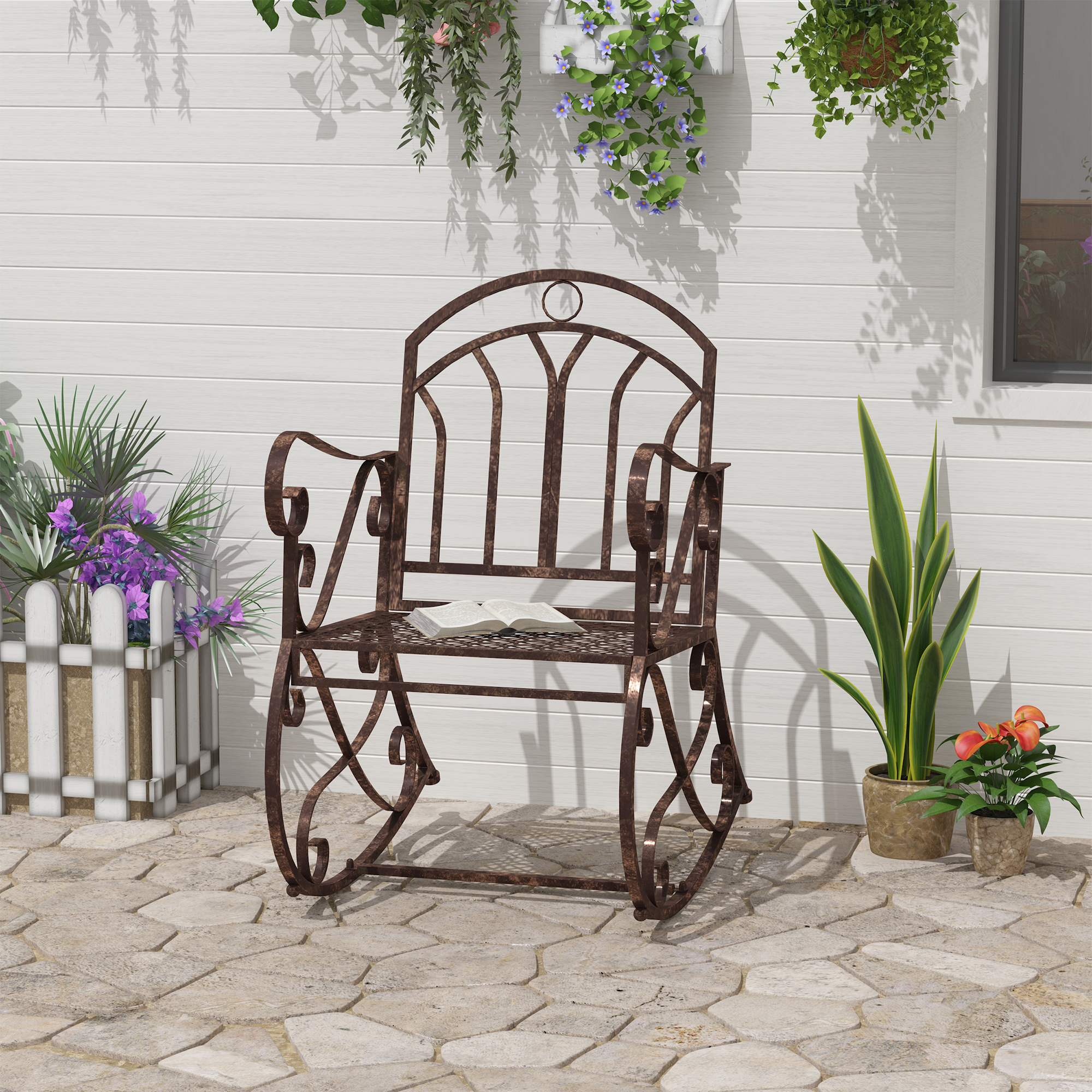 Schaukelstuhl Gartenstuhl, Vintage-Design, 61cm x 79cm x 90cm, Braun + Schwarz