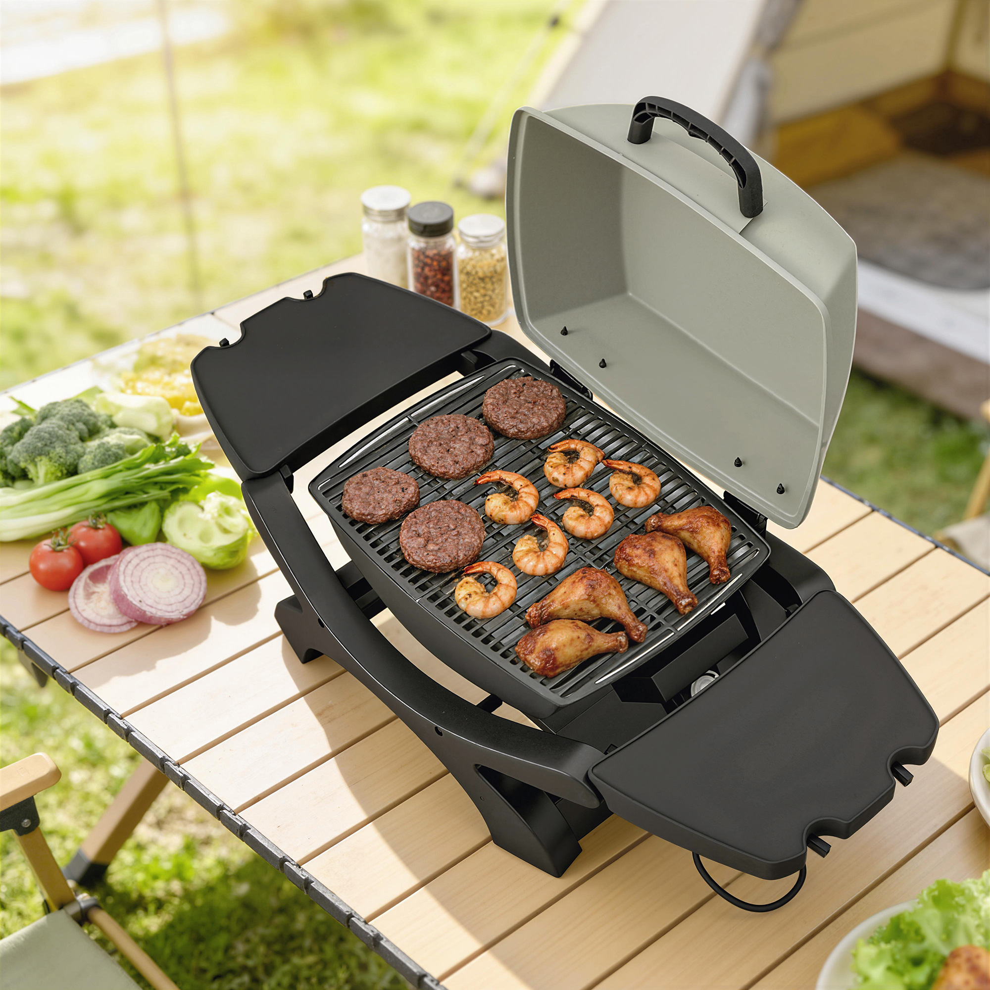 Tischgrill Elektrisch 2300W 23x71 cm tragbar Elektrogrill mit Antihaftbeschichtete Grillrosten Fettauffangschale