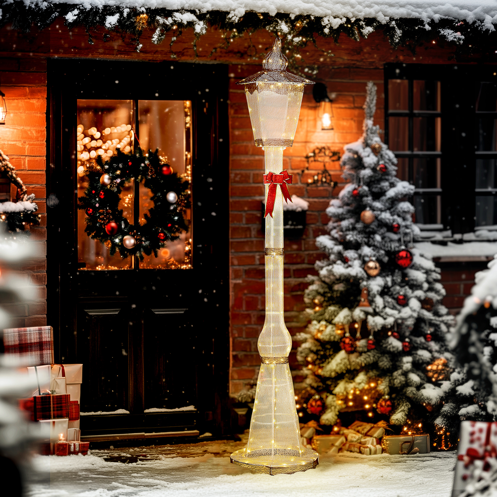 2,15 m beleuchteter Laternenpfahl, 155 LEDs, Outdoor-Weihnachtslaterne, Rote Schleife, wasserfest, für Garten, Terrasse