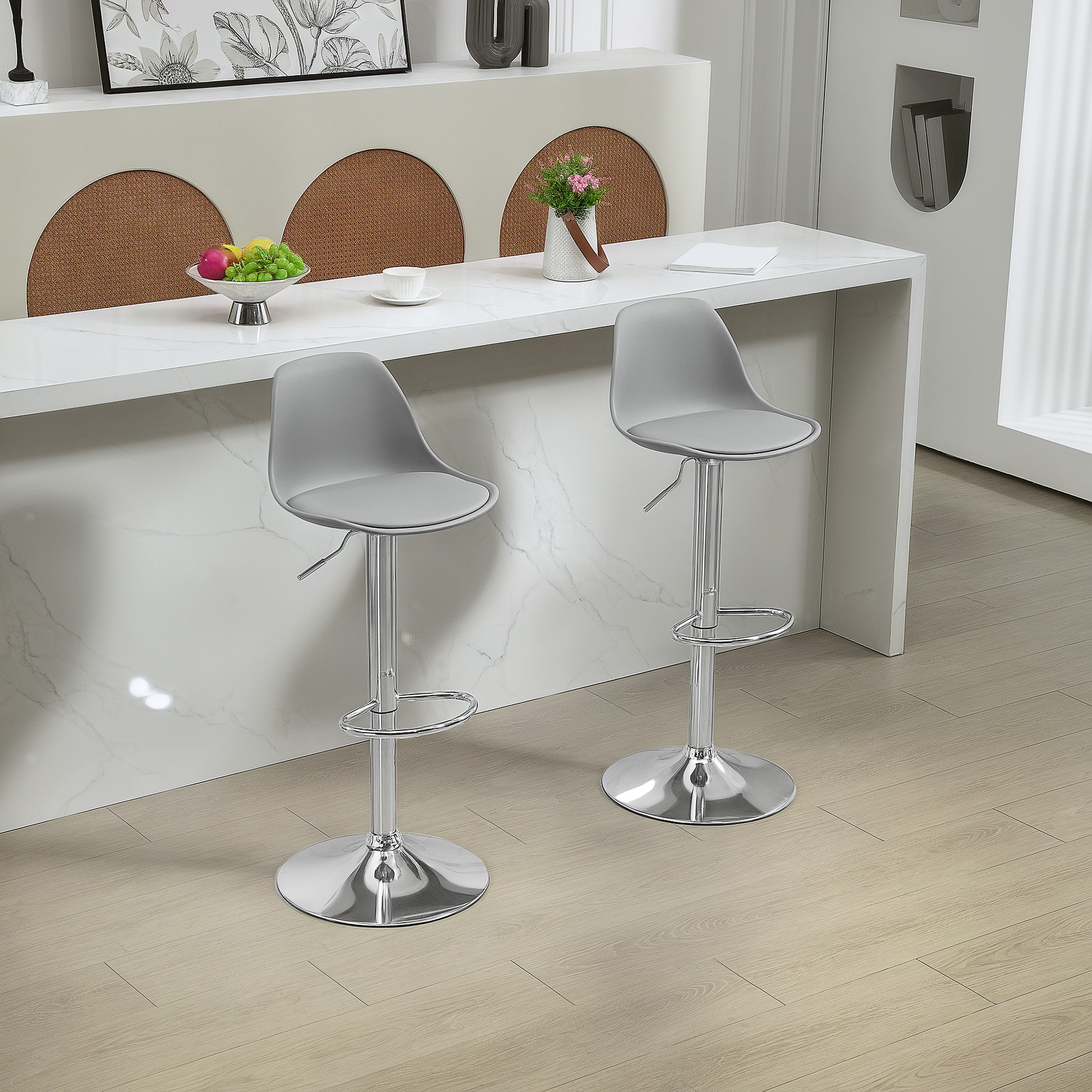 2er-Set Barhocker, Barstühle, Drehstühle mit Lehne, höhenverstellbar, bis 120 kg belastbar, 42 x 41 x 82-104 cm, Grau