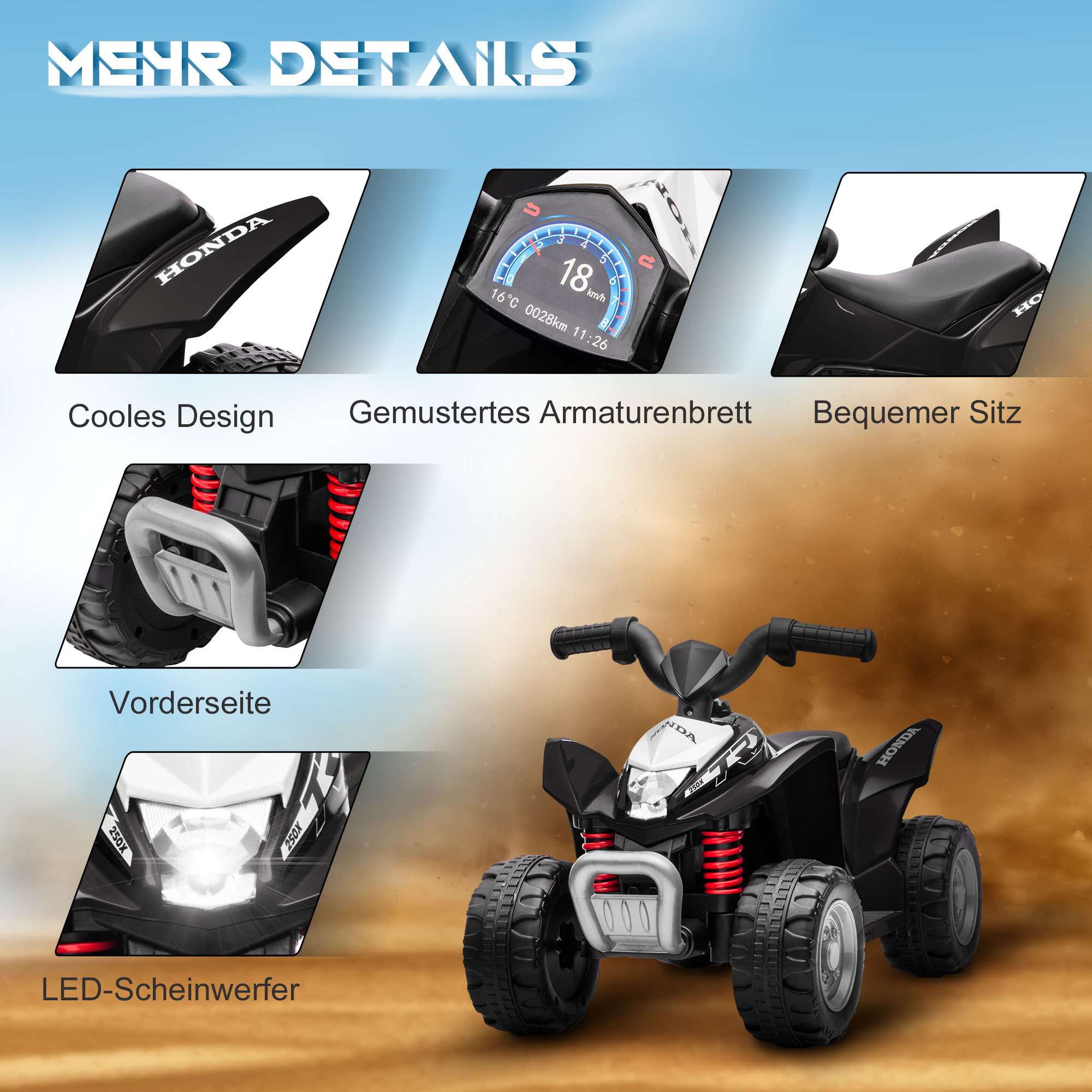 Elektroquad, Kinderquad, 2,8 km/h, LED-Scheinwerfer, für 1,5-3 Jahre, schwarz, 65,5 x 38,5 x 43,5cm
