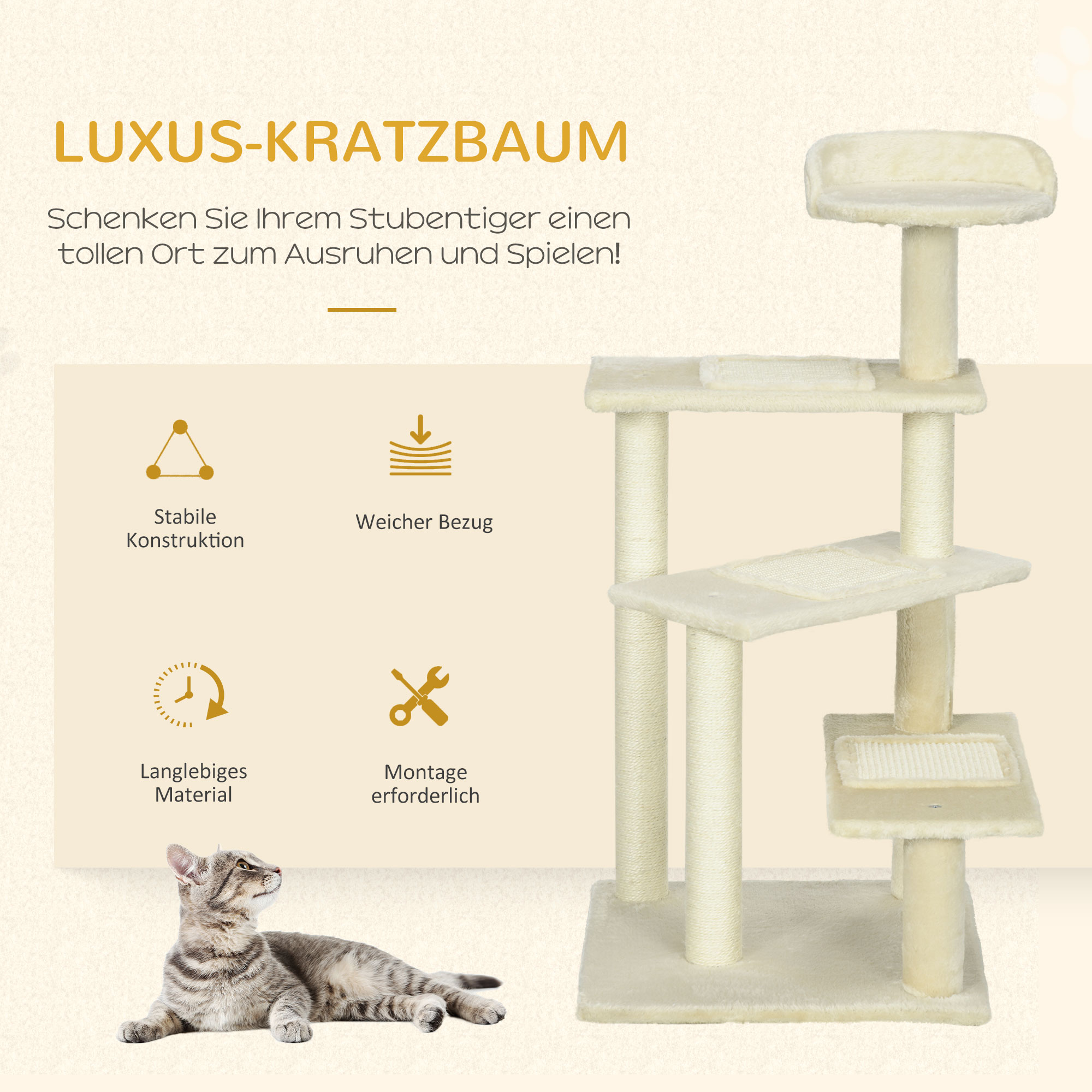 Kratzbaum 100 cm Katzenturm mit Sisalstämme, große Plattform, mehrstöckiger Katzenkratzbaum, Kletterbaum, für kleine & mittelgroße Katzen, Beige