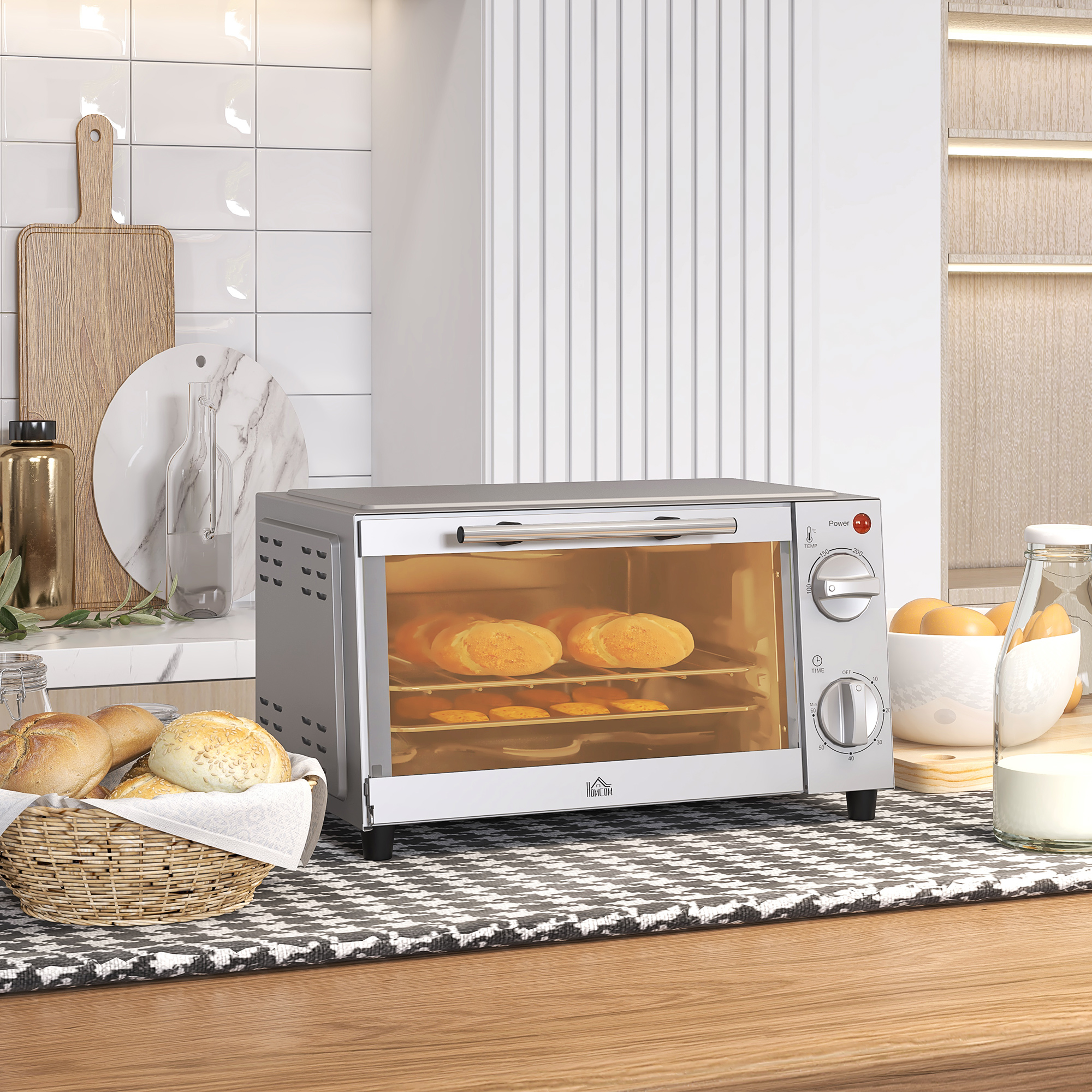 Minibackofen, 9 L Mini-Ofen mit Backblech, Grillrost, mit einstellbarer Temperatur und Garzeit, Edelstahl, Silber