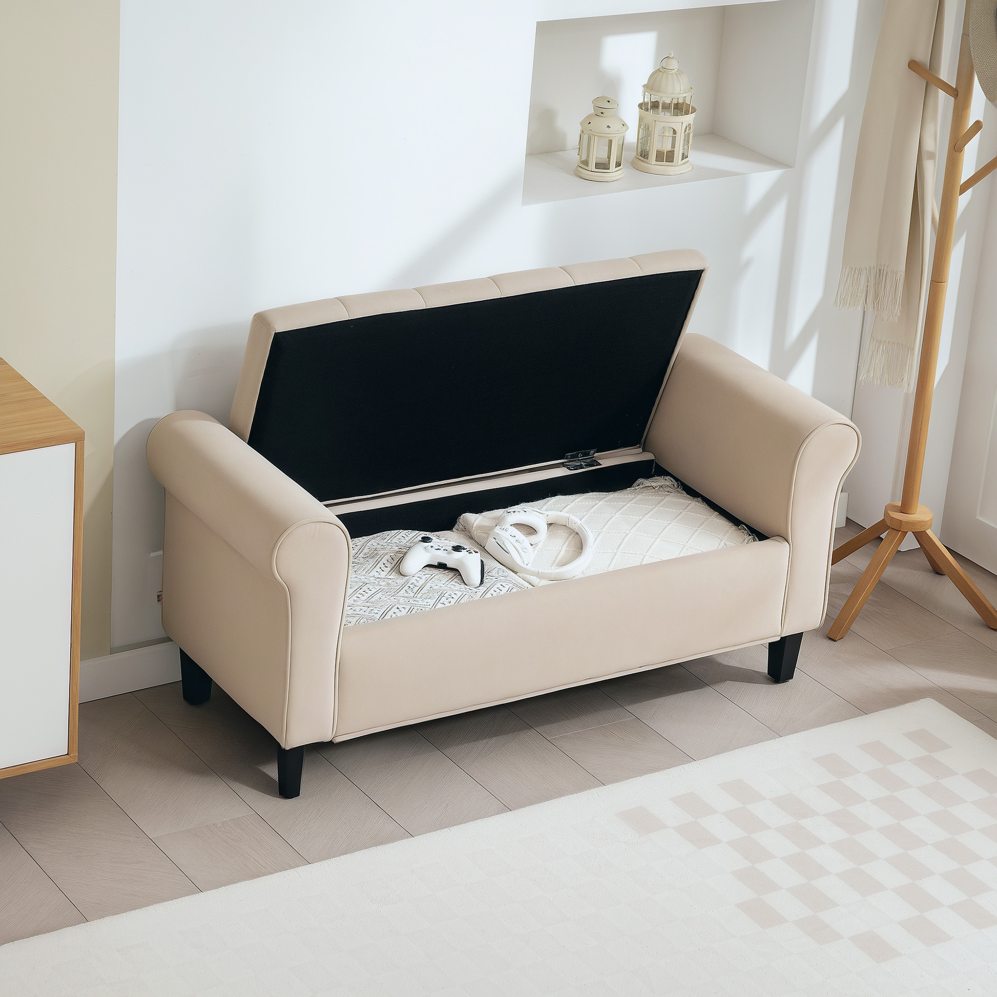 Sitzbank im Vintage-Design, Sitzbank mit Stauraum, Samtoptik, Beige