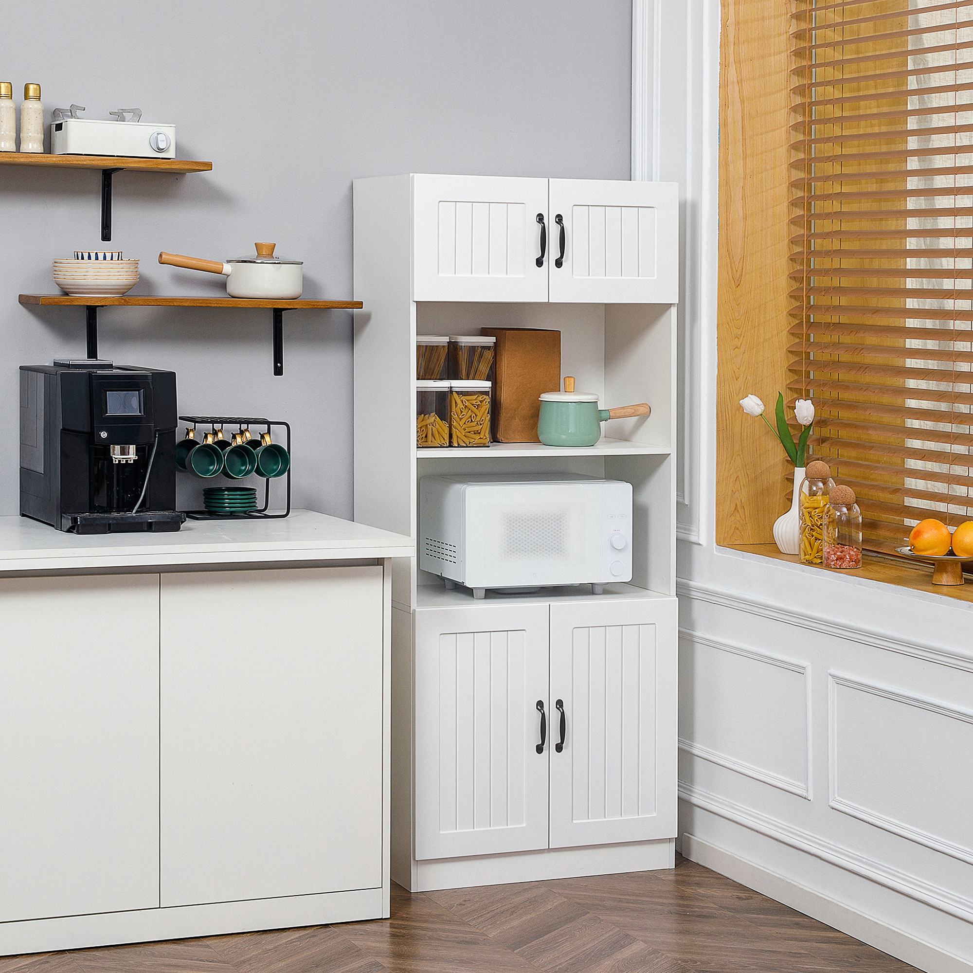 Küchenschrank Küchenbüffet Schrank, Landhausstil, 2 Schränke, 2 Regale,  70 cm x 40 cm x 170 cm Weiß + Schwarz