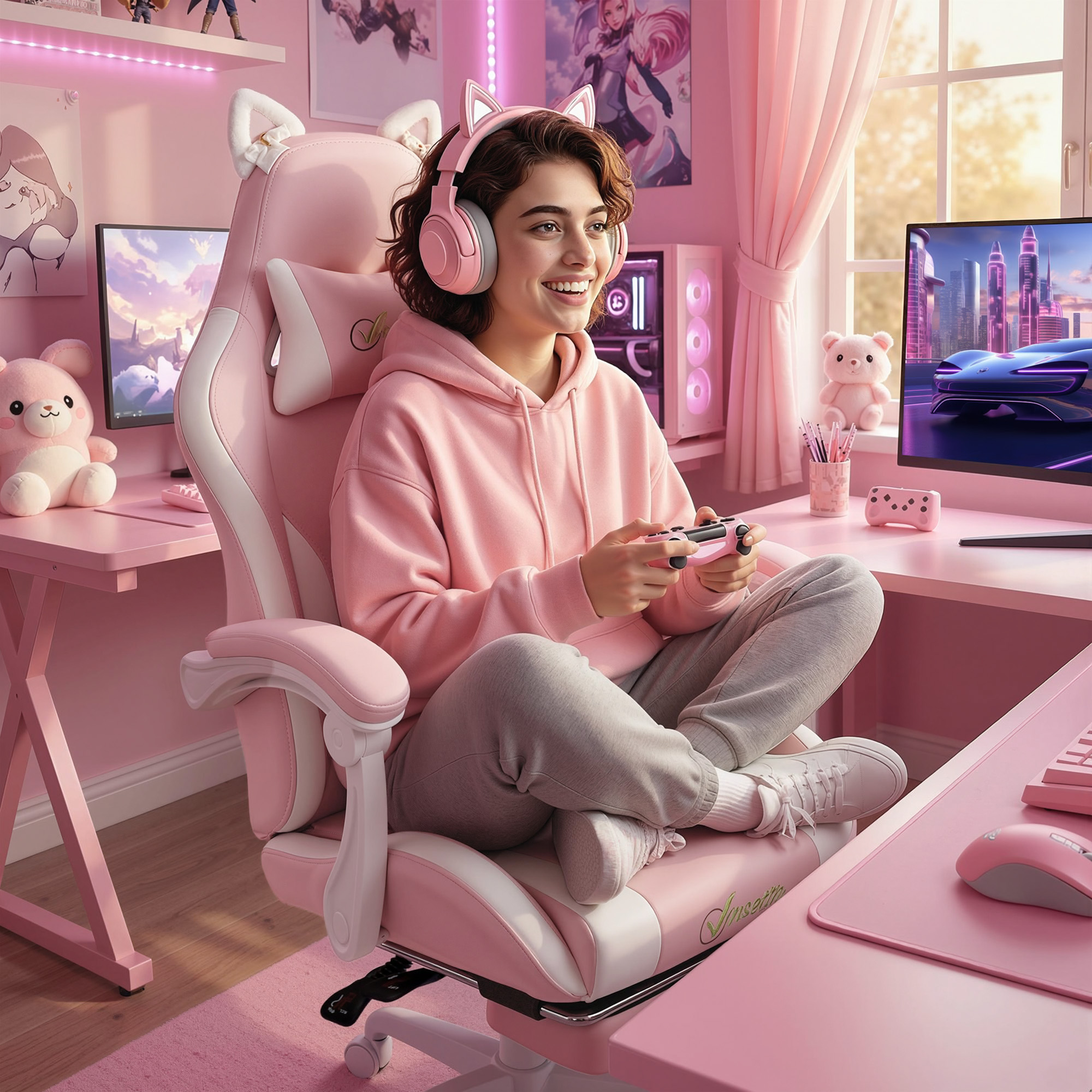 Ergonomischer Gaming-Stuhl, Katzenohren-Gamer-Stuhl aus Kunstleder mit Lendenstütze, Fußstütze, Kopfstütze, Rosa