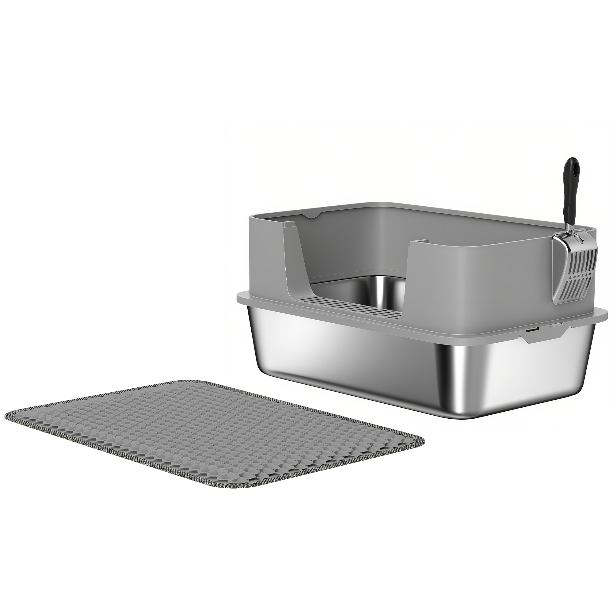 Katzentoilette Edelstahl Offene Katzenklo mit Schaufel hohem Rand Matte für Katzen bis 7 kg 60,2 x 40,2 x 29,5 cm, Grau