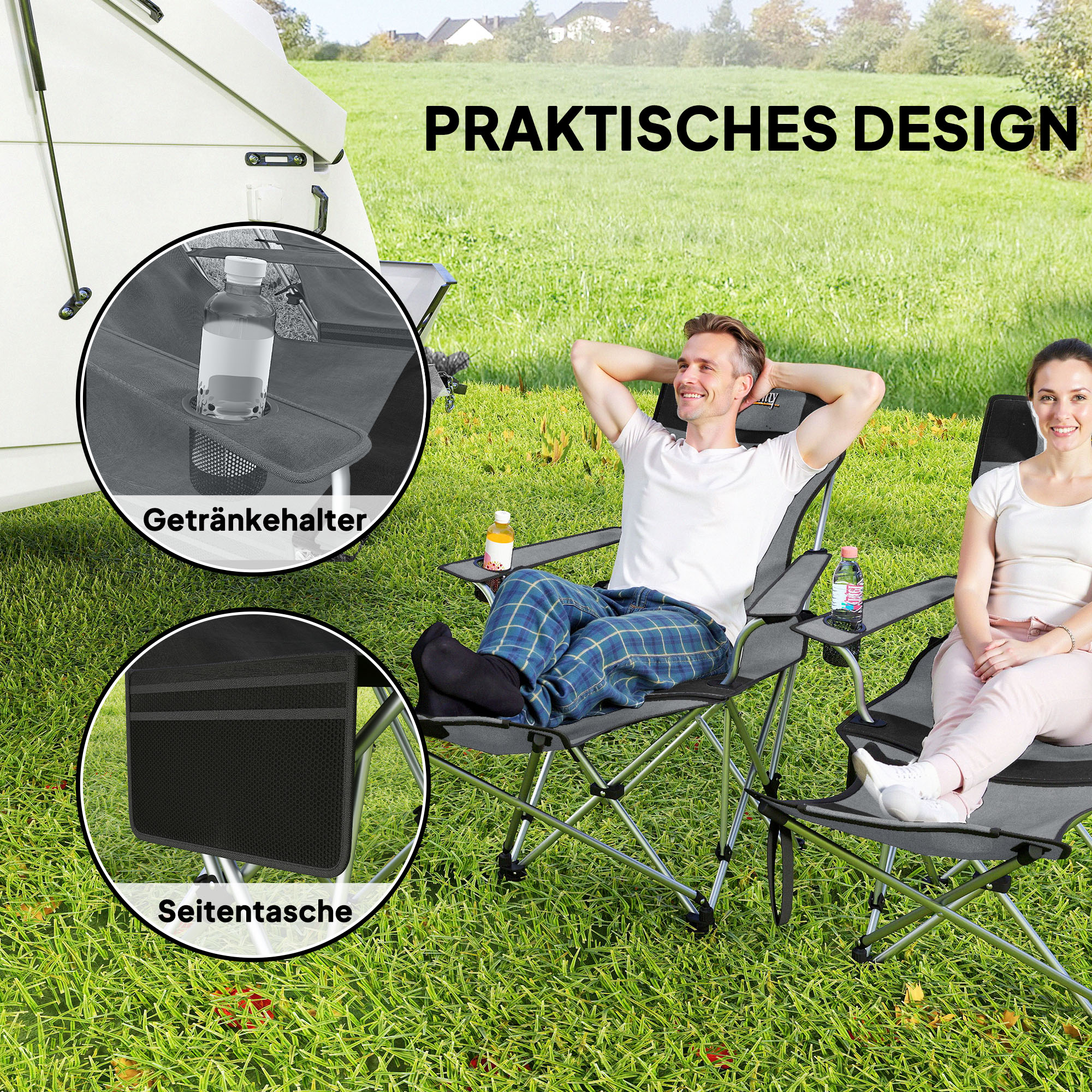 2er Set Campingstuhl faltbar Angelstuhl mit abnehmbar Fußstütze Getränkehalter belastbar 120 kg Grau