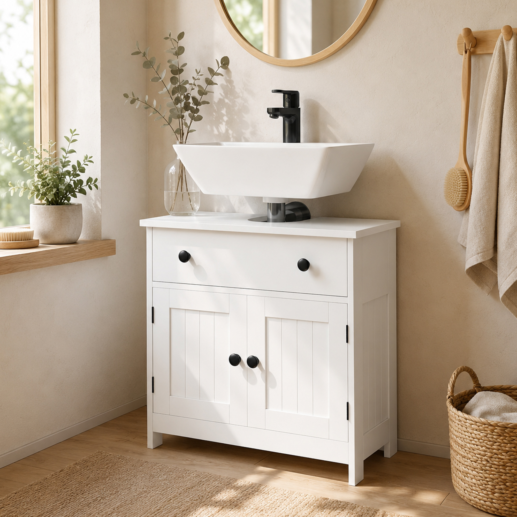 Waschbeckenunterschrank, modern und freistehend, mit Soft-Close-Scharnieren, Schublade und 2 Türen, Weiß