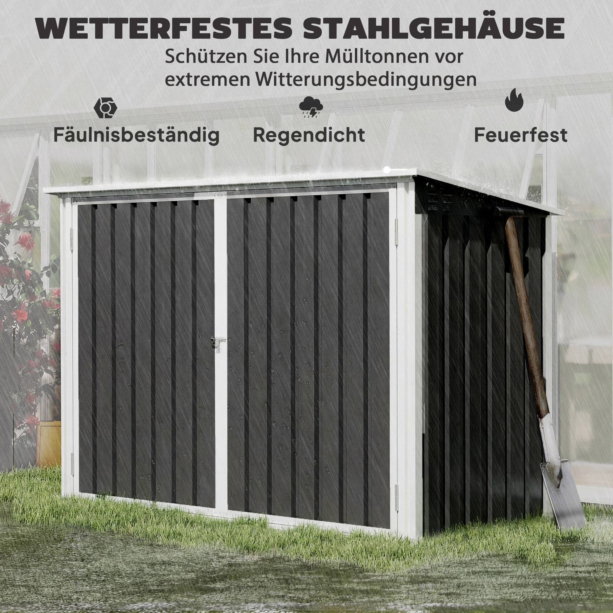 Mülltonnenbox für 2 Mülltonnen aus verzinktem Stahl Müllbox mit Klappdeckel Gasdruckfeder Doppeltür Belüftungsöffnungen