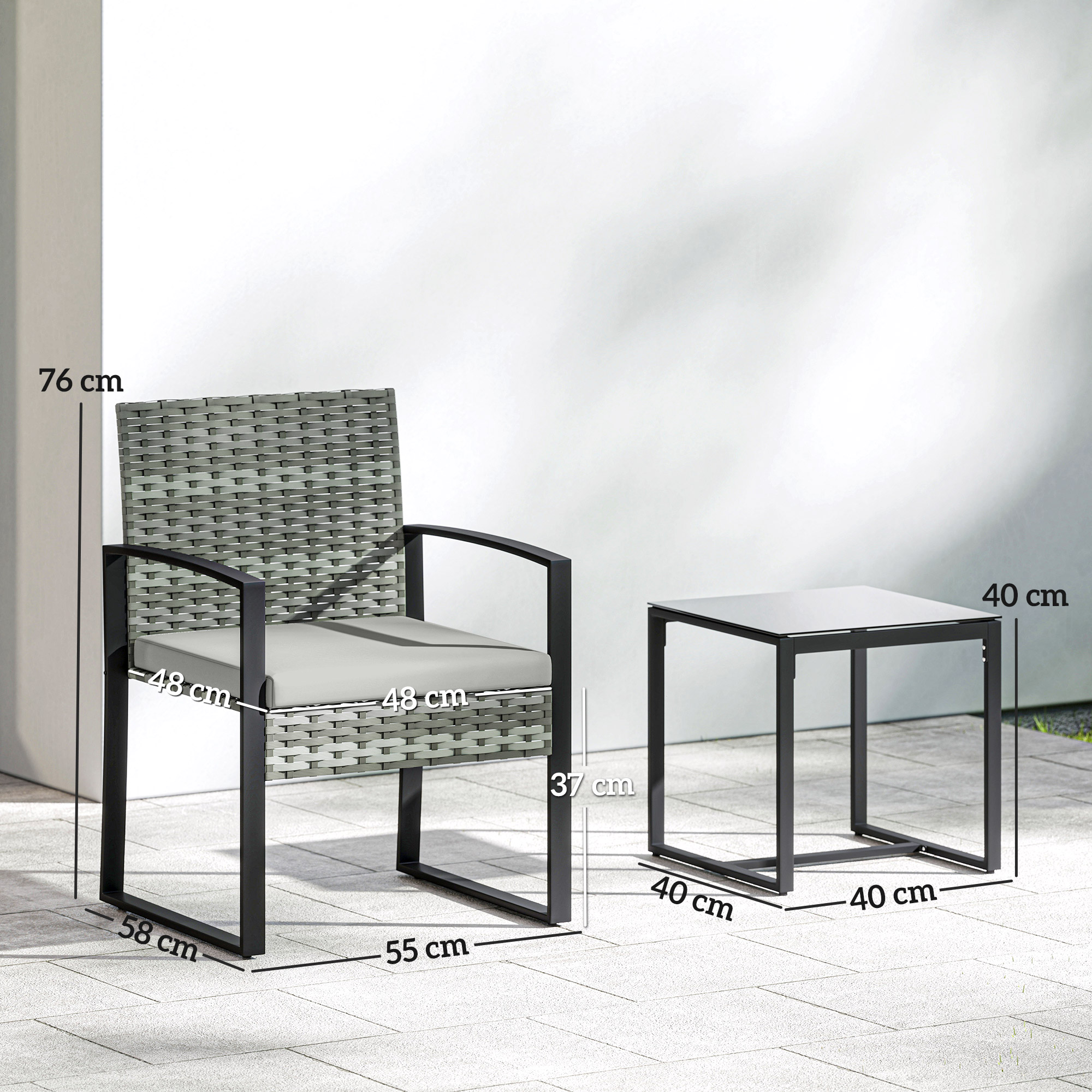 Rattan Bistroset, 3 teiliges Gartenmöbel-Set mit 2 Gartenstühlen, Couchtisch, abnehmbar Kissen Hellgrau