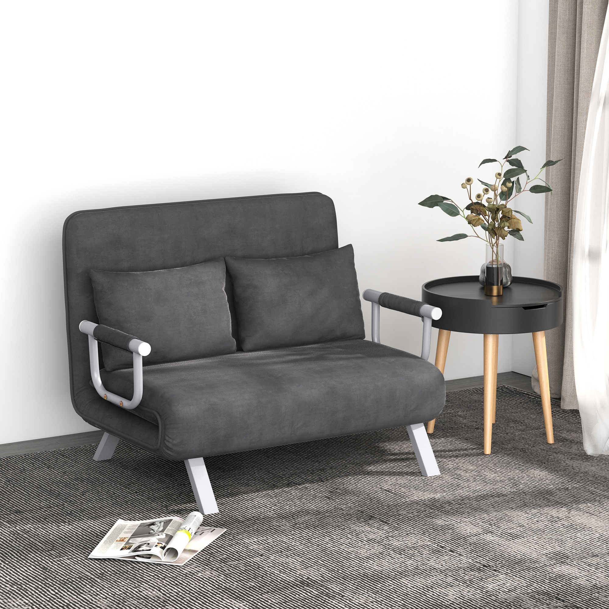 Schlafsofa Schlafcouch mit Verstellbarer Rückenlehne, Wurfkissen, Sofa mit Schlaffunktion, Samtoptik, Armlehne, Gästebett, Klappsessel für Wohnzimmer, Schlafzimmer, Grau