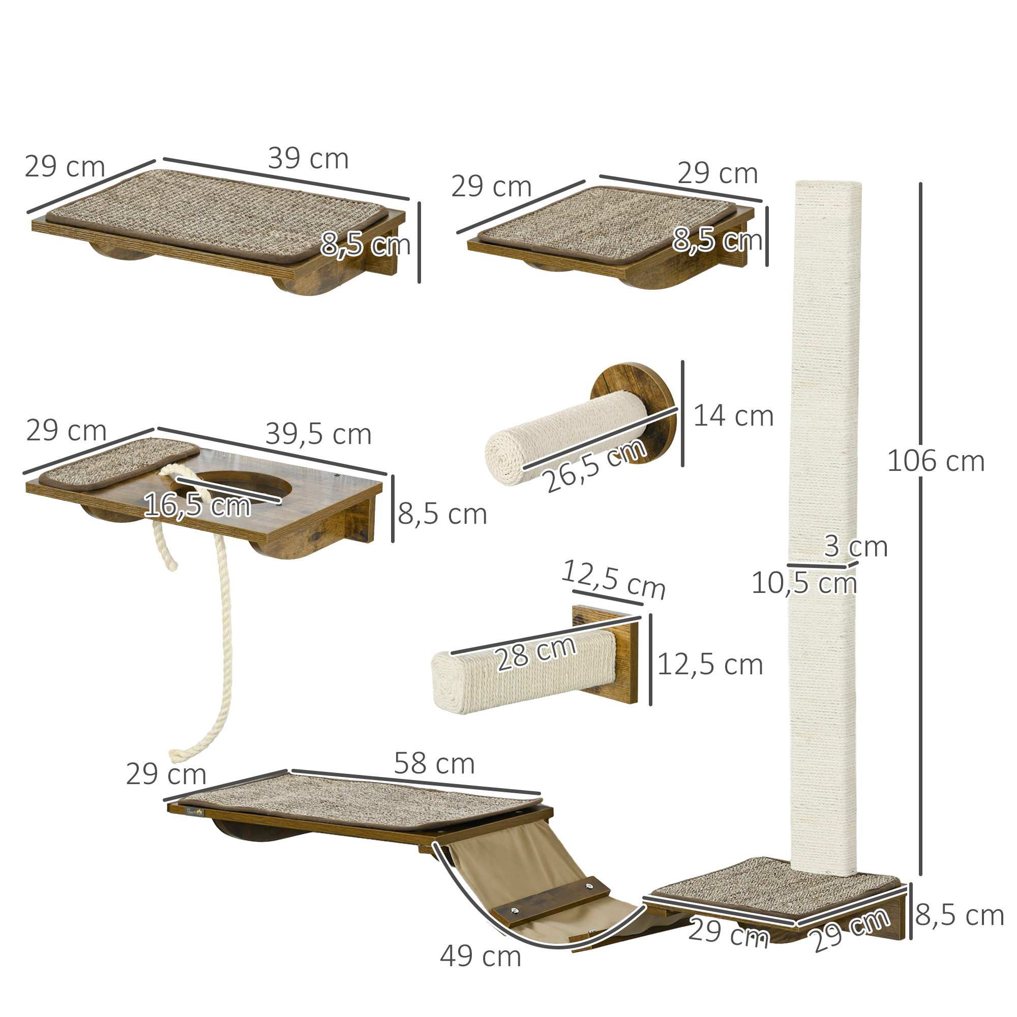 Katzentreppen-Set, Kletterwand, 8-teilig, bis 8 kg, robust, Braun/Cremeweiß
