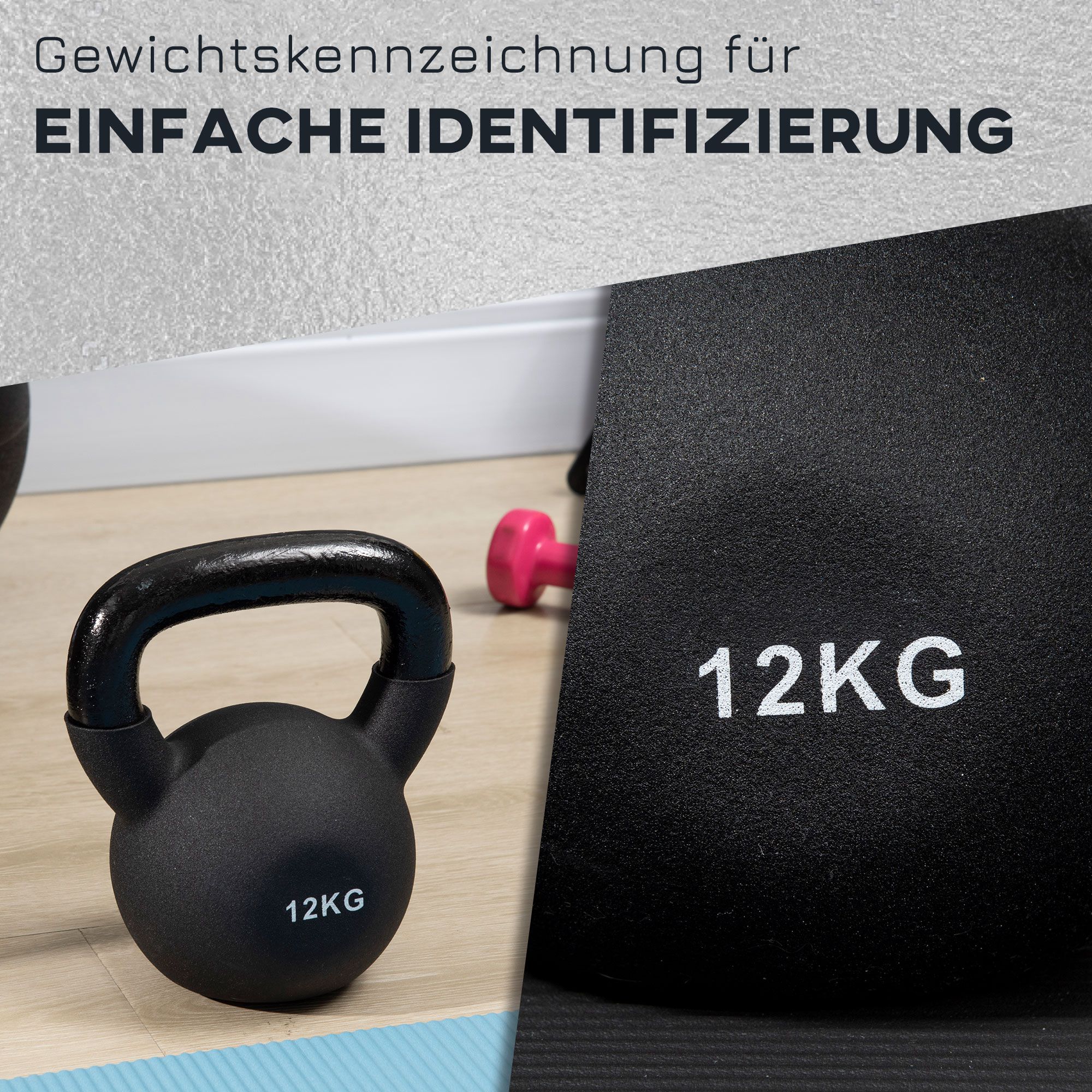 Kettlebell, Kugelhantel, 12 kg, mit Kunststoffummantelung, Stahl, schwarz 20 x 13 x 22cm