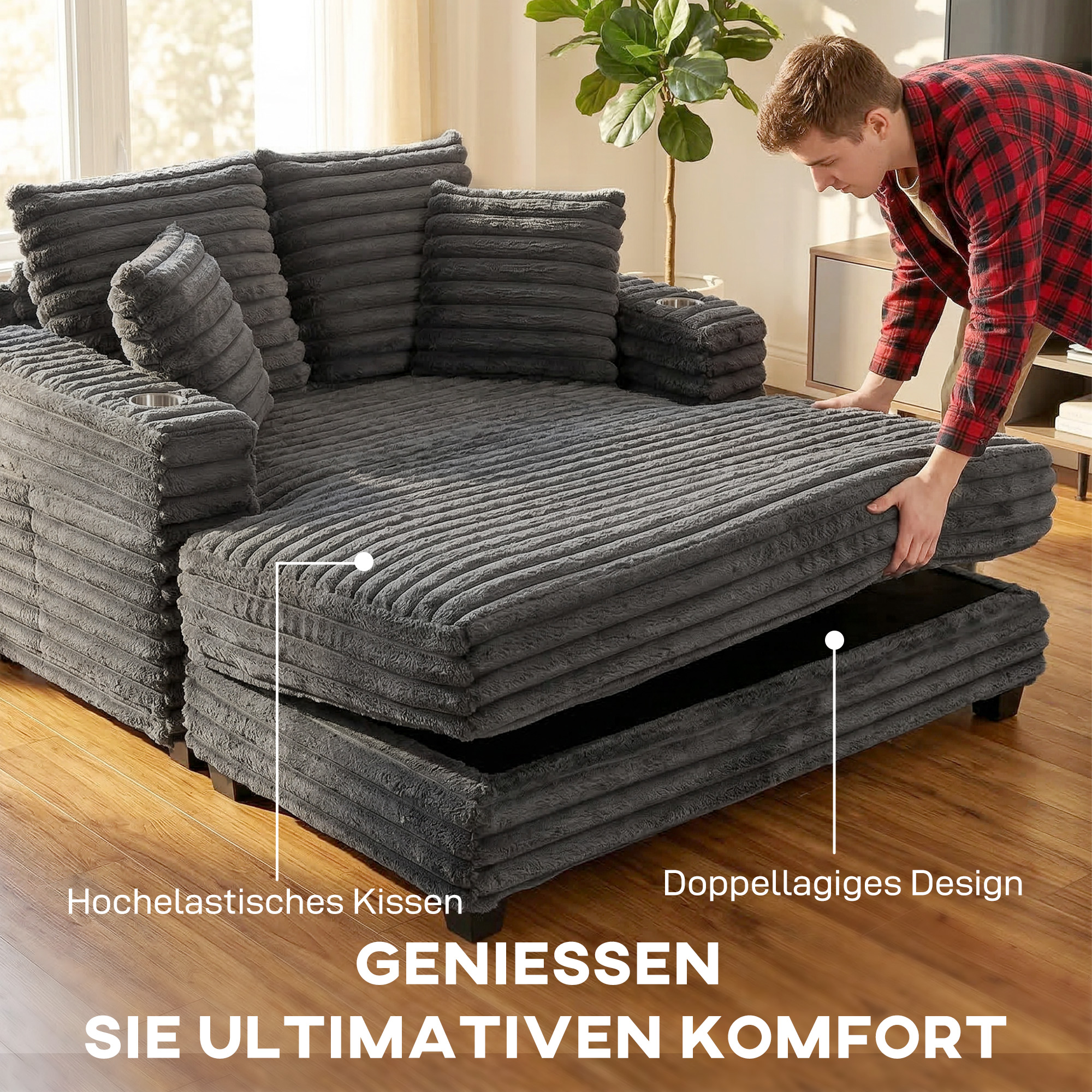 Chaiselongue 2 Sitzer Groß Schlafsofa 134 x 151 cm mit Becherhalter für Wohnzimmer, Grau