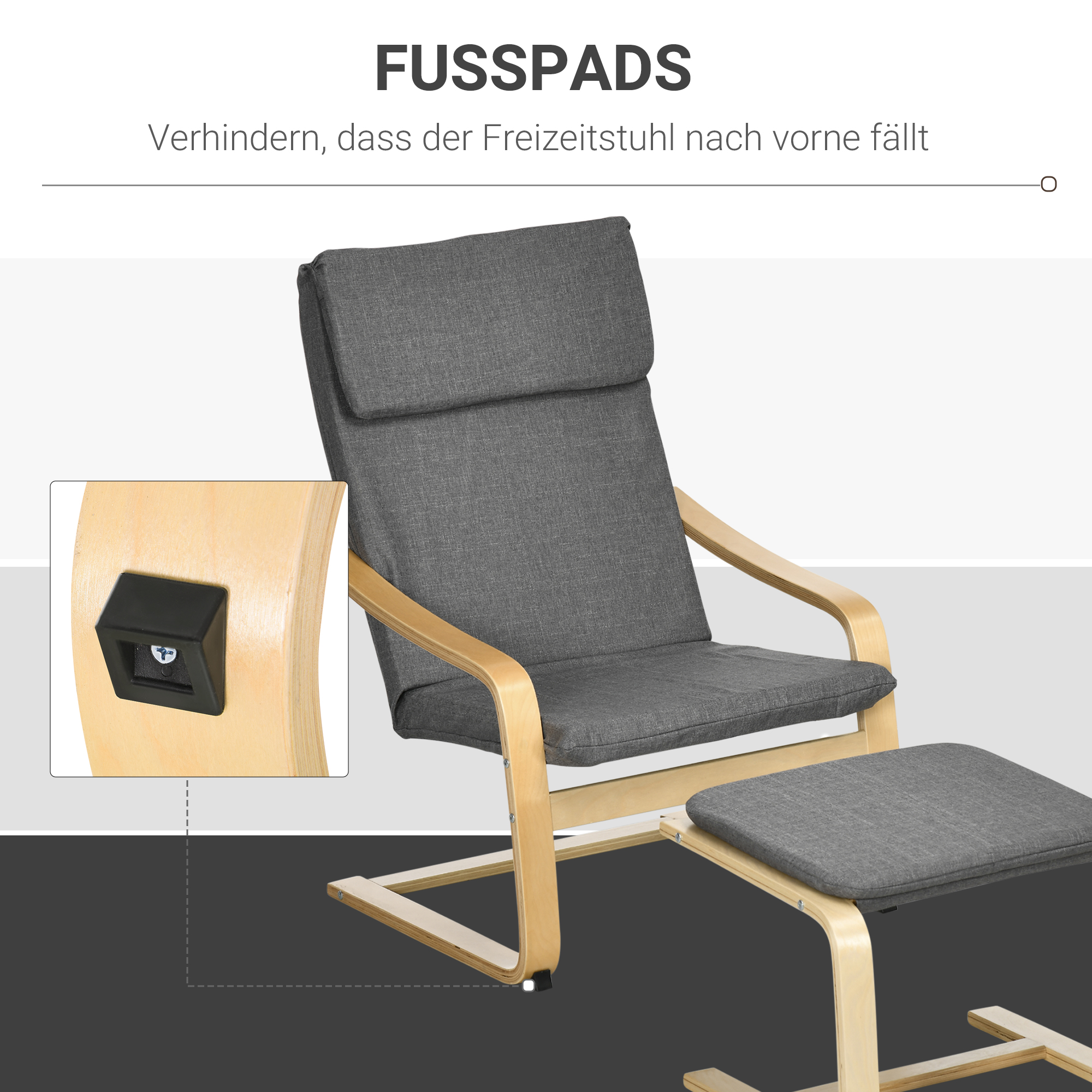 Sessel mit Fußhocker, Sessel-Set, bis 120 kg, Leinenoptik, Massivholz, Grau + Natur, 66,5 x 80 x 99 cm