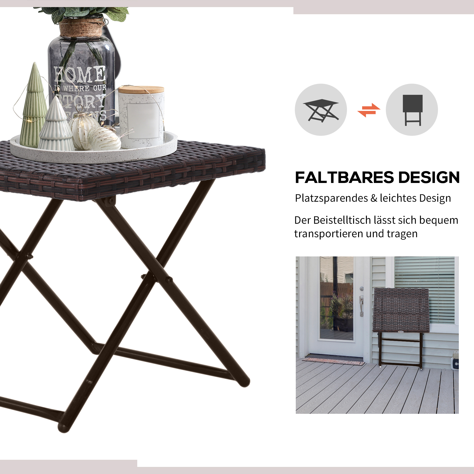 Beistelltisch aus Polyrattan klappbar Kaffeetisch Couchtisch Tablett Balkontisch Gartentisch Sofatisch Teetisch Gartenmöbel Rattantisch für Garten Terrasse Balkon, 40x40x40cm Braun