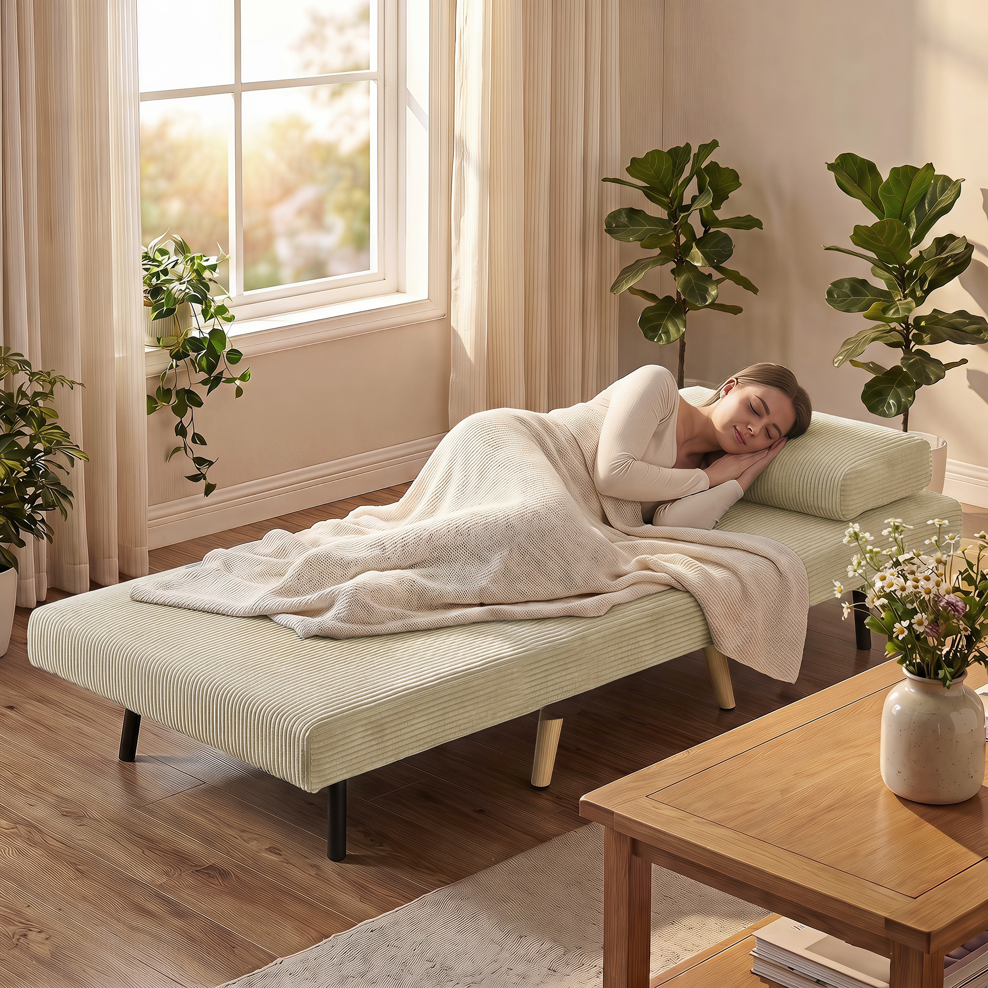 Schlafsessel 3-in-1, ausklappbarer Sessel aus Cord mit Schlaffunktion verstellbare Rückenlehne, Kissen, Beige