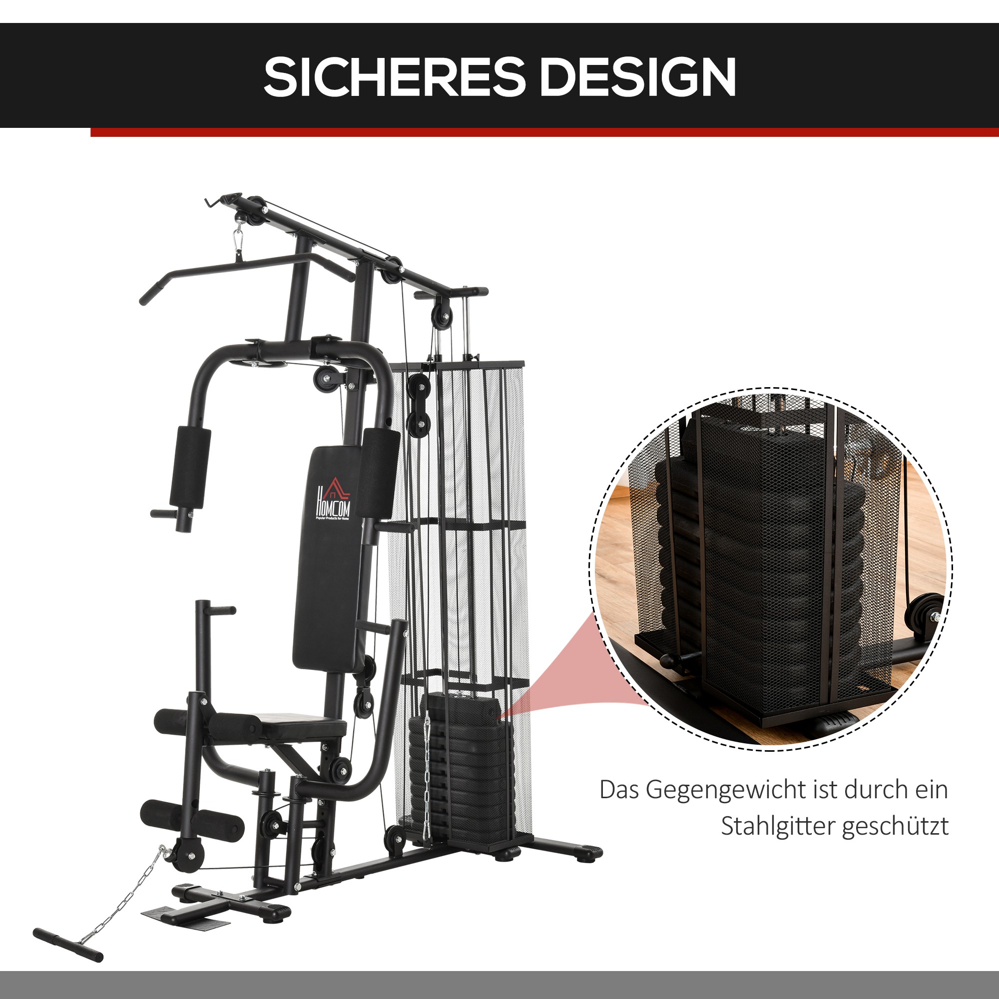 Kraftstation Fitnessstation Fitnessgerät Multifunktion Krafttraining Multistation Trainingsstation mit Latzug Butterflystange 45kg Gewichten Seil, Fitnessgeräte für Zuhause Schwarz